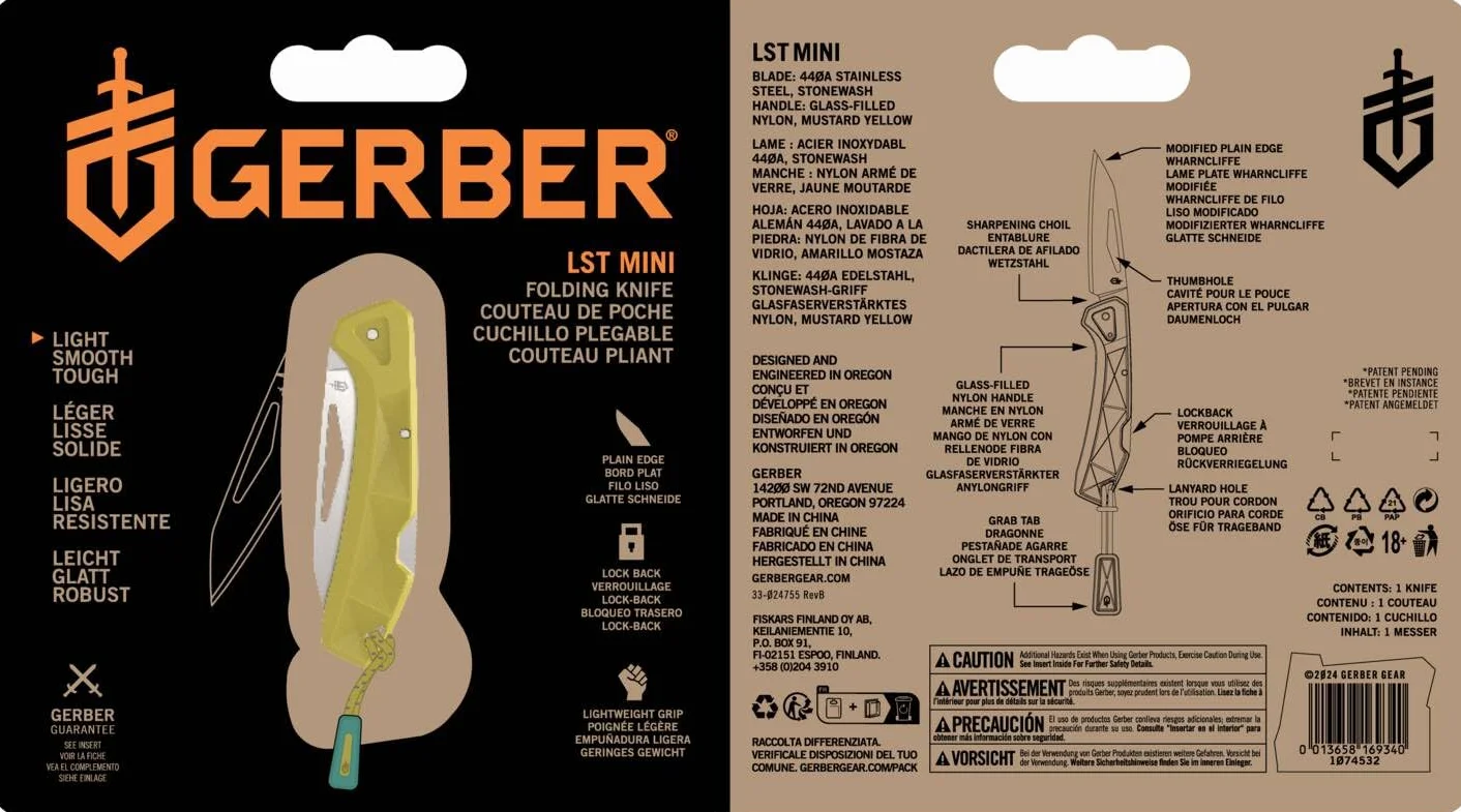 Gerber Navaja de bolsillo con cordón, LST Mini, hoja de acero inoxidable 440A Wharncliffe, escamas del mango de nylon reforzado con fibra de vidrio, longitud de la hoja: 4,8 cm, amarillo, 1074532
