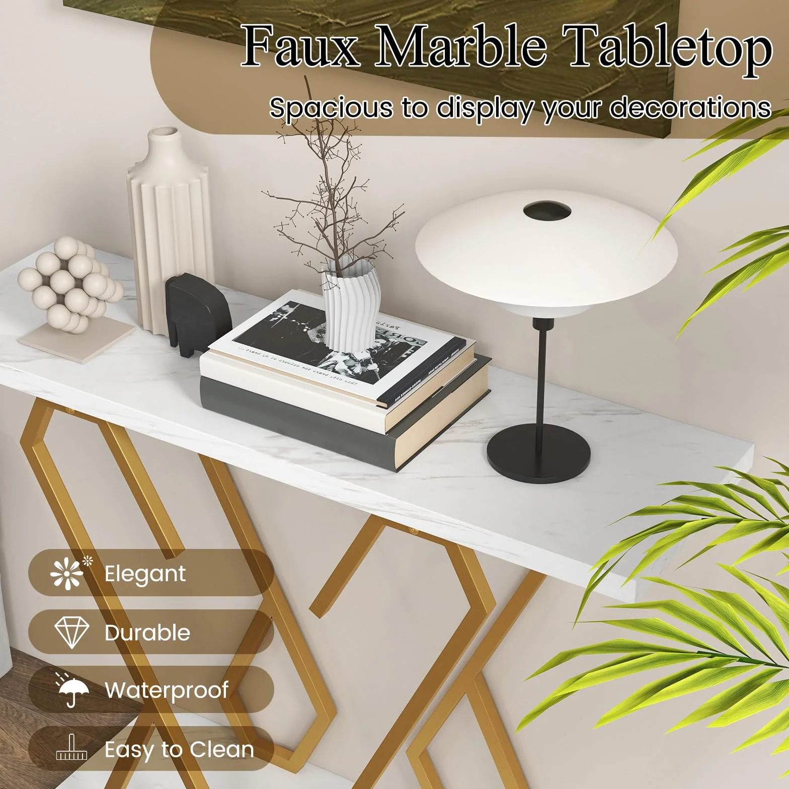 LIFEZEAL Consola de 2 Niveles, Mesa Auxiliar de Entrada con Tablero de mármol, Mesa de recibidor con Marco de Mariposa, Mesa Decorativa Estrecha para salón y Pasillo, 100 x 30 x 79 cm