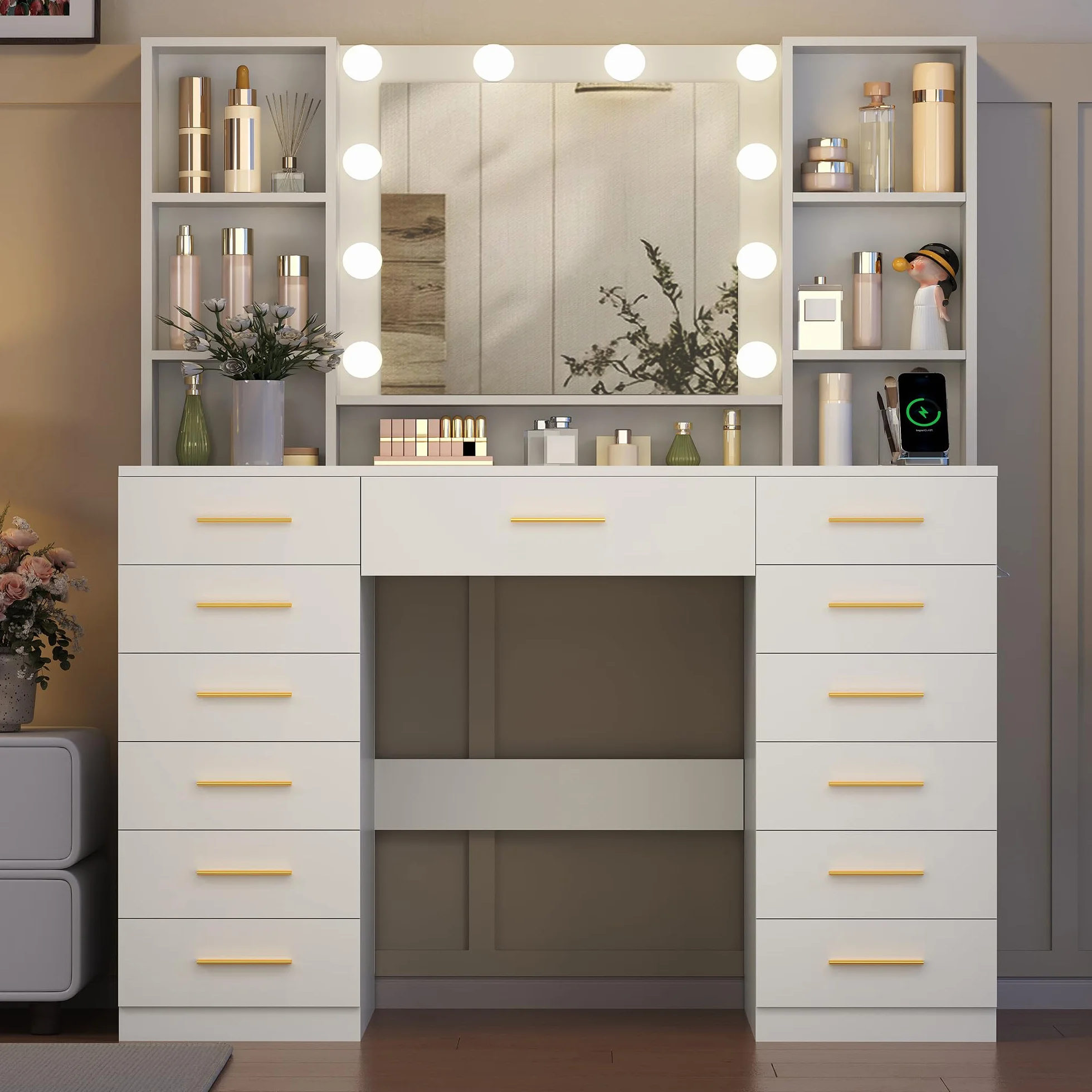 BEWISHOME Tocador de Maquillaje con Luces LED Regulables Mesa con Espejo 13 Cajones Blanco EFST61W