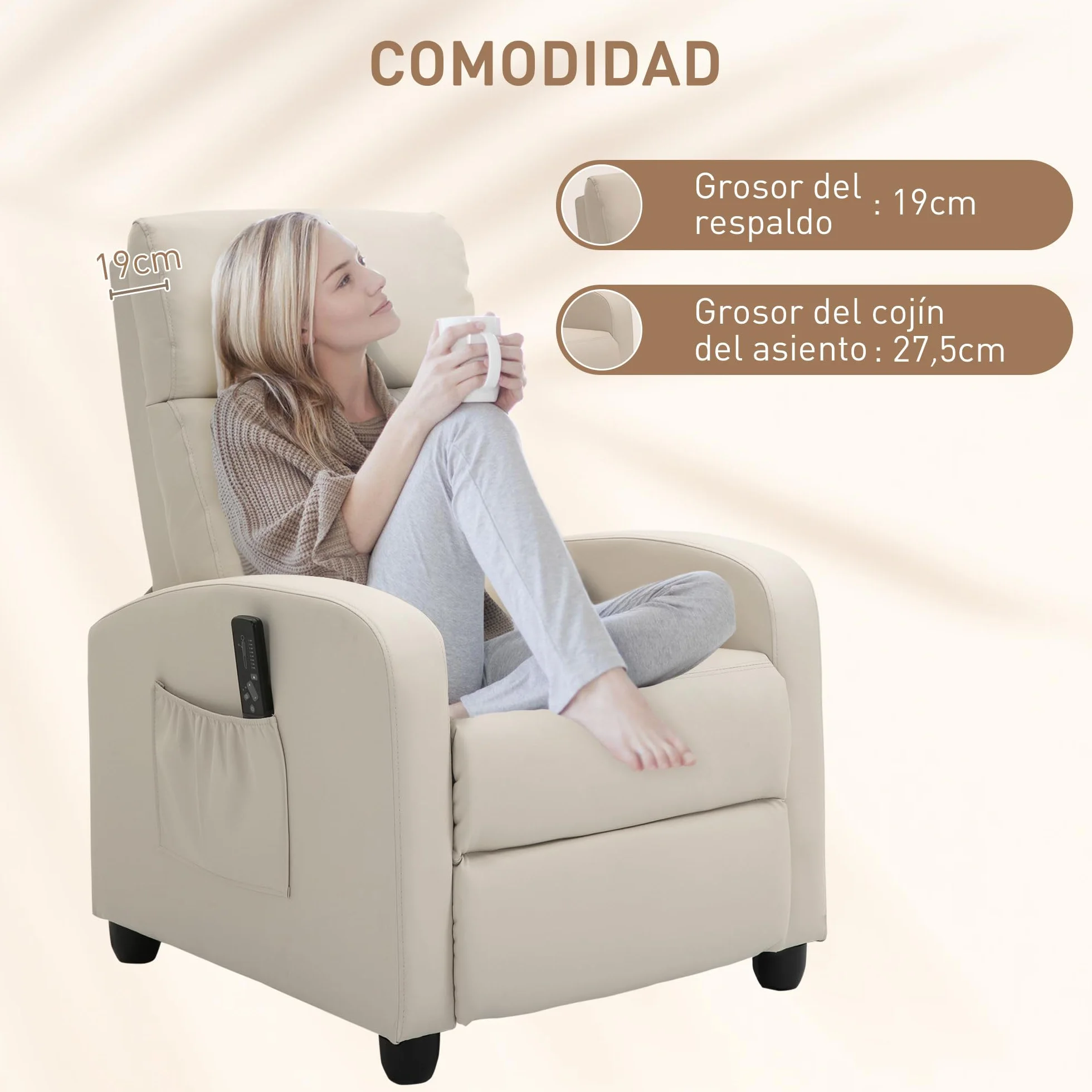HOMCOM Sillón de Masaje Reclinable con Mando a Distancia 2 Zonas 8 Programas 5 Niveles Intensidad 68x88x98 cm Crema