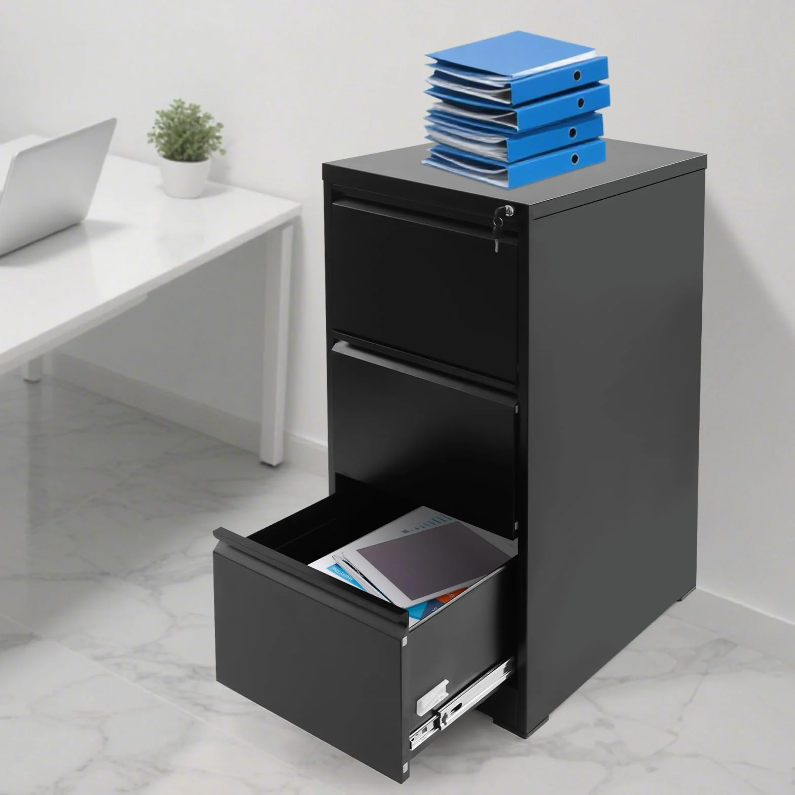 Armario archivador con cerradura | archivador con 3 cajones soporte para impresora, alta capacidad de carga, armario de oficina para A4, oficina en casa, oficina, archivo (46 x 62 x 103 cm