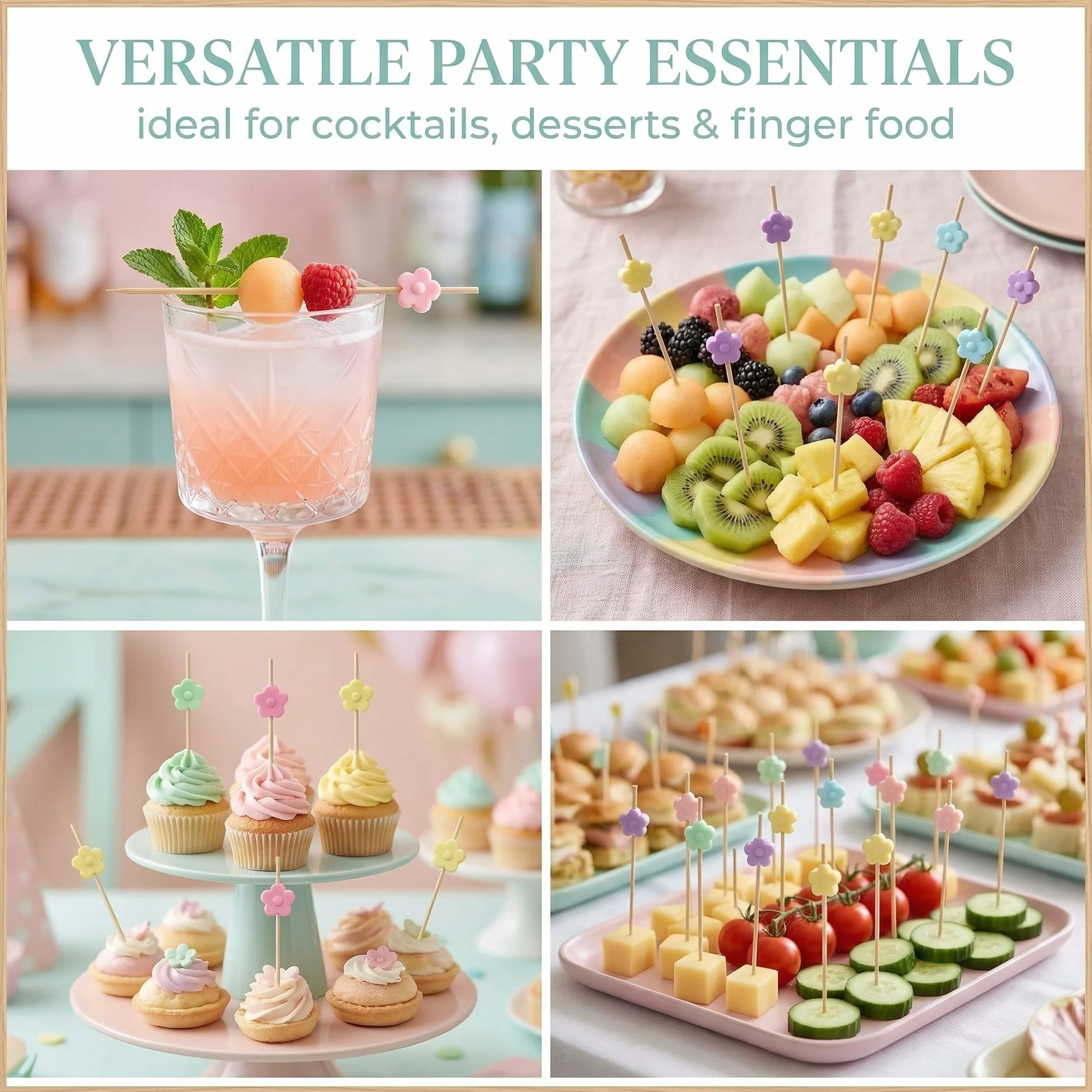 100 brochetas de bambú para fruta, palillos de cóctel, diseño floral rosa de 12 cm, adecuadas para fiestas, bufés y decoración de frutas y postres.