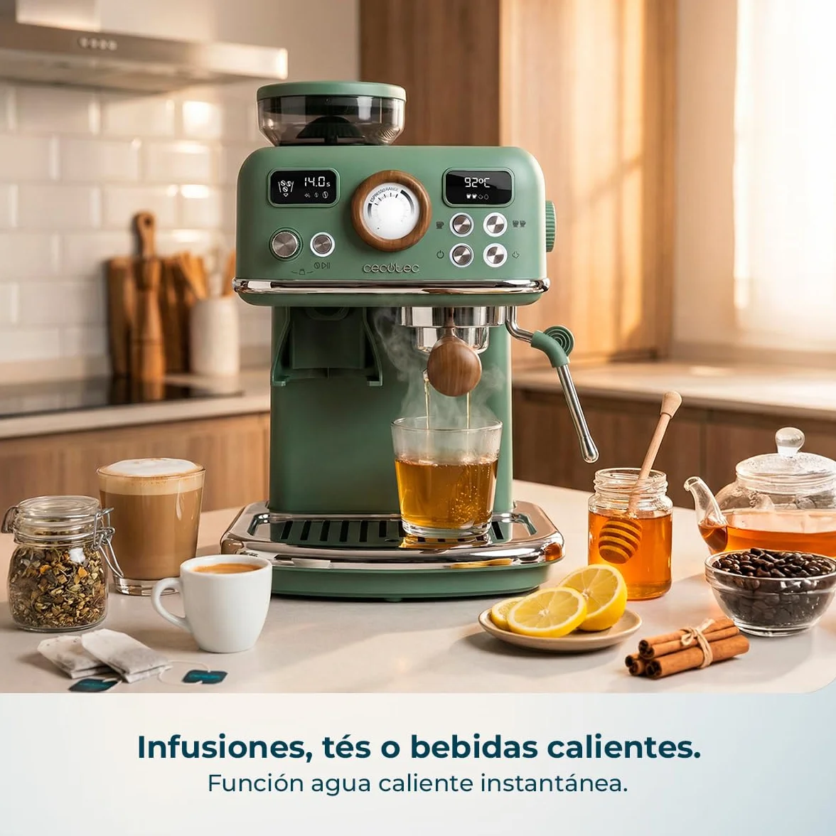 Cecotec Cafetera Express Manual Power Espresso 20 Tradizionale Grind. 1500W, Molinillo 20 Niveles, 20 Bares, PID, Thermoblock, Steamer, Cold Brew, Café Recién Molido con Crema Perfecta