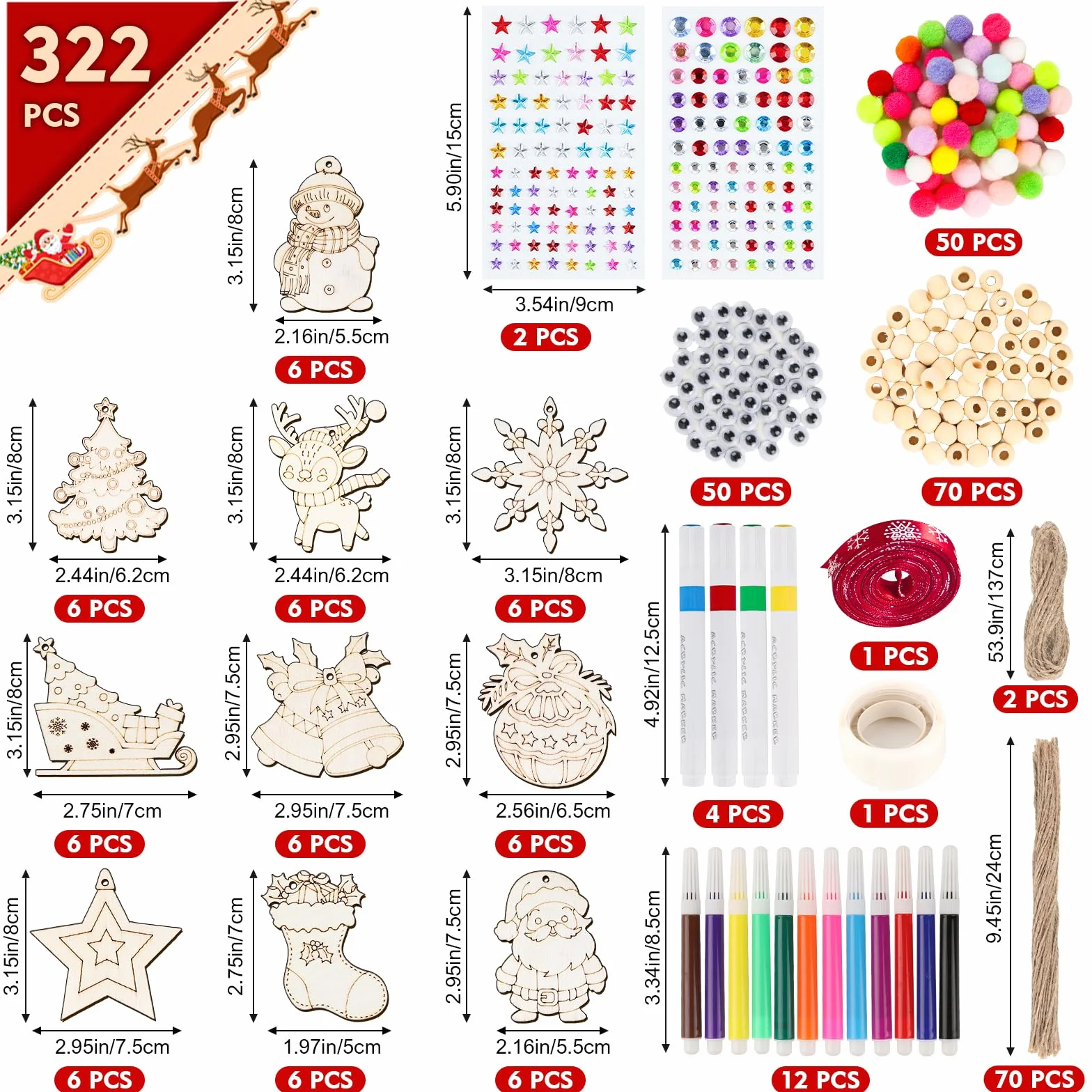 AHIKY 322 Piezas Adornos Navidad Madera para Pintar DIY Colgantes Árbol Decoración Artesanía