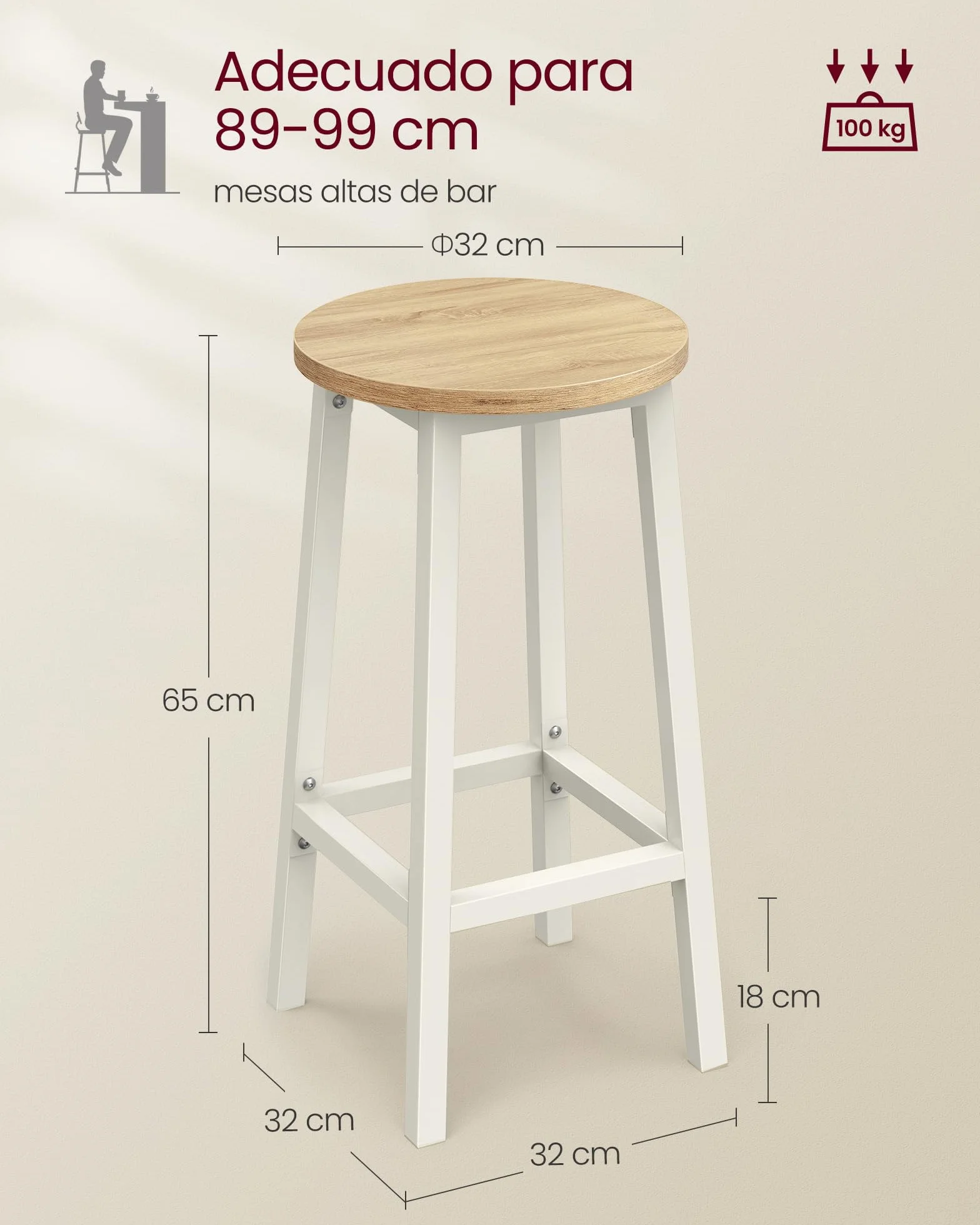 VASAGLE Juego de 2 Taburetes de Bar, Altura 65 cm, con Reposapiés, Beige Roble y Blanco