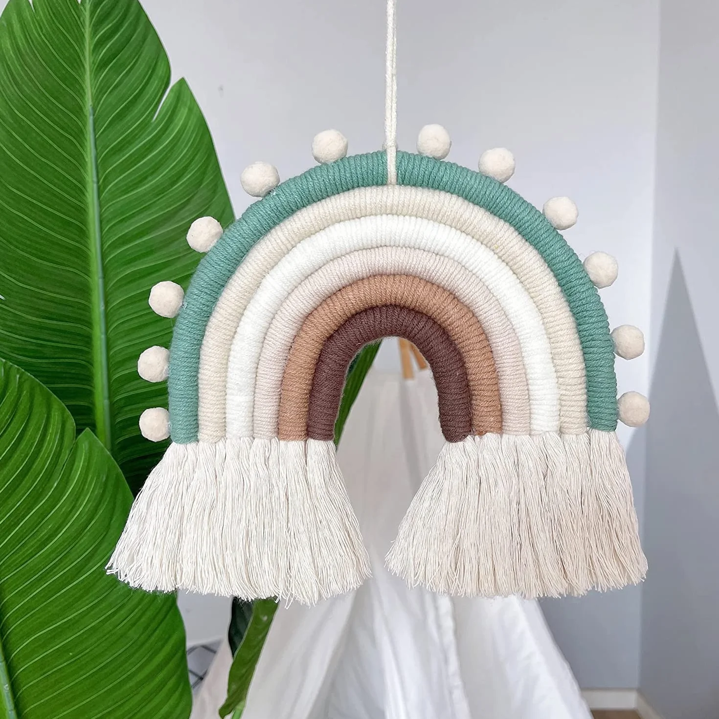Tapiz Macramé Arcoíris Decoración Pared Infantil Tejido a Mano Algodón Borlas Boho para Habitación Bebé