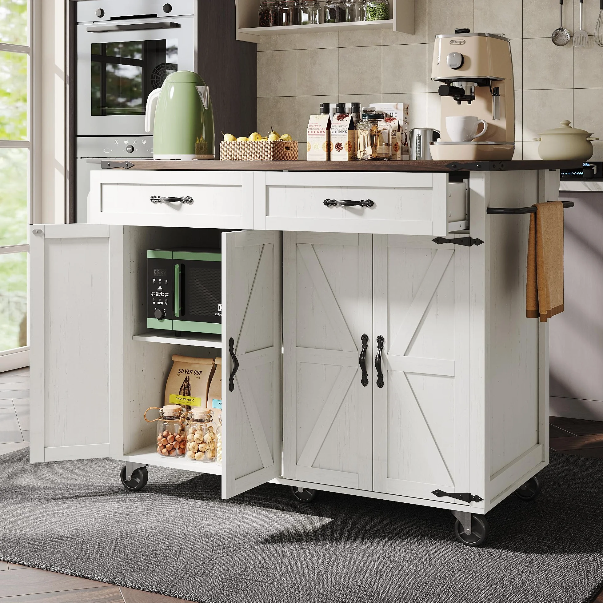 Isla de cocina con superficie de trabajo extraíble, mueble con cuatro puertas y dos cajones, carro de comedor