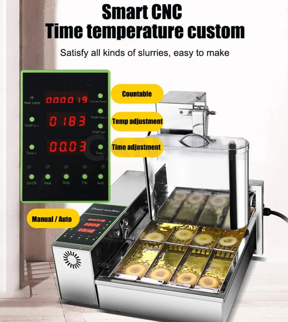 2000w buñuelos comerciales que hace la máquina, 4/6 líneas mini fabricante de rosquillas con panel de control inteligente, espesor de rosquilla de fryer de rosquilla digital Auto Flip