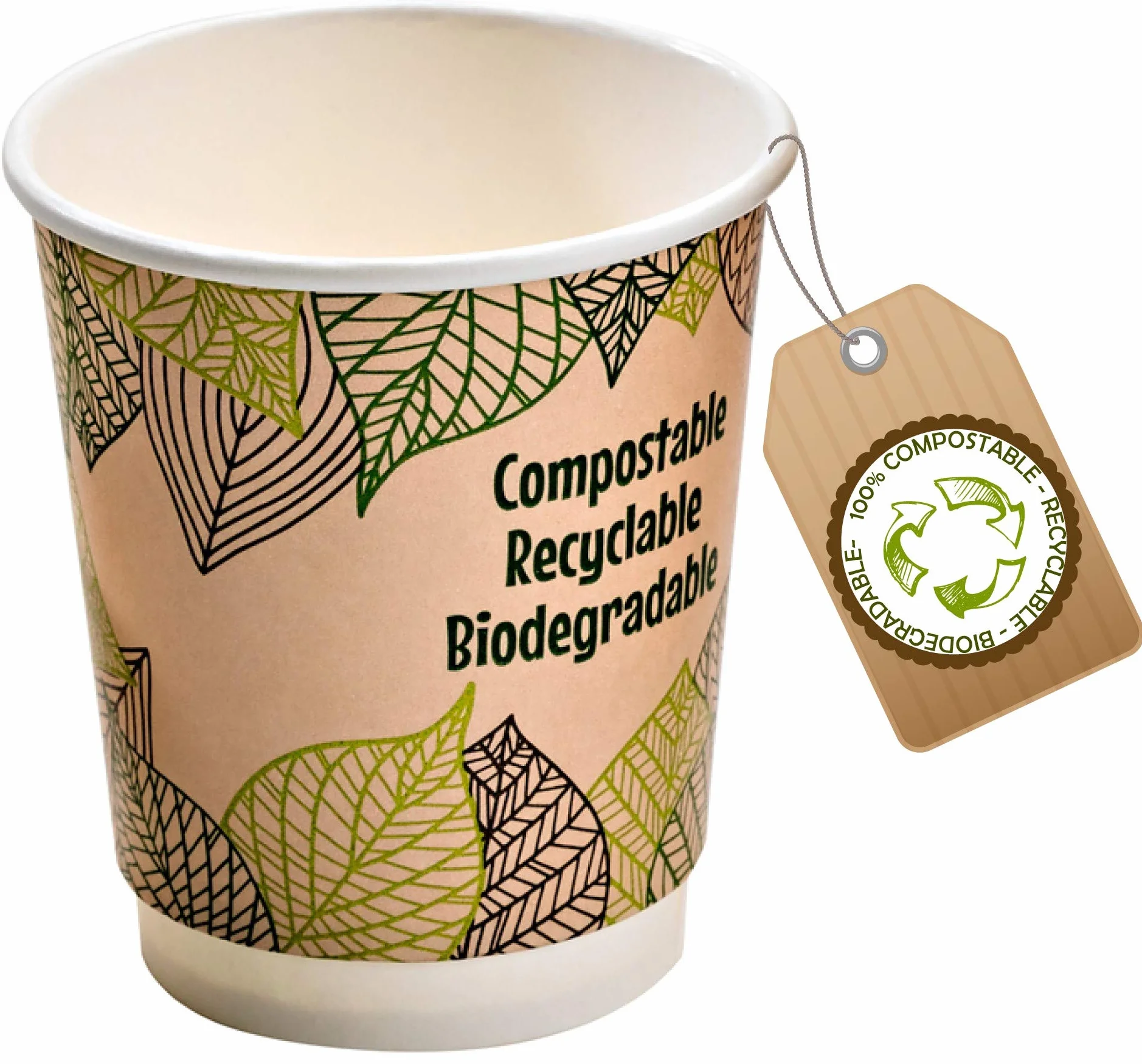 Vasos desechables de 230 ml, biodegradables, reciclables y compostables, de papel kraft con pared de doble capa para capuchino, agua o bebidas calientes y frías.