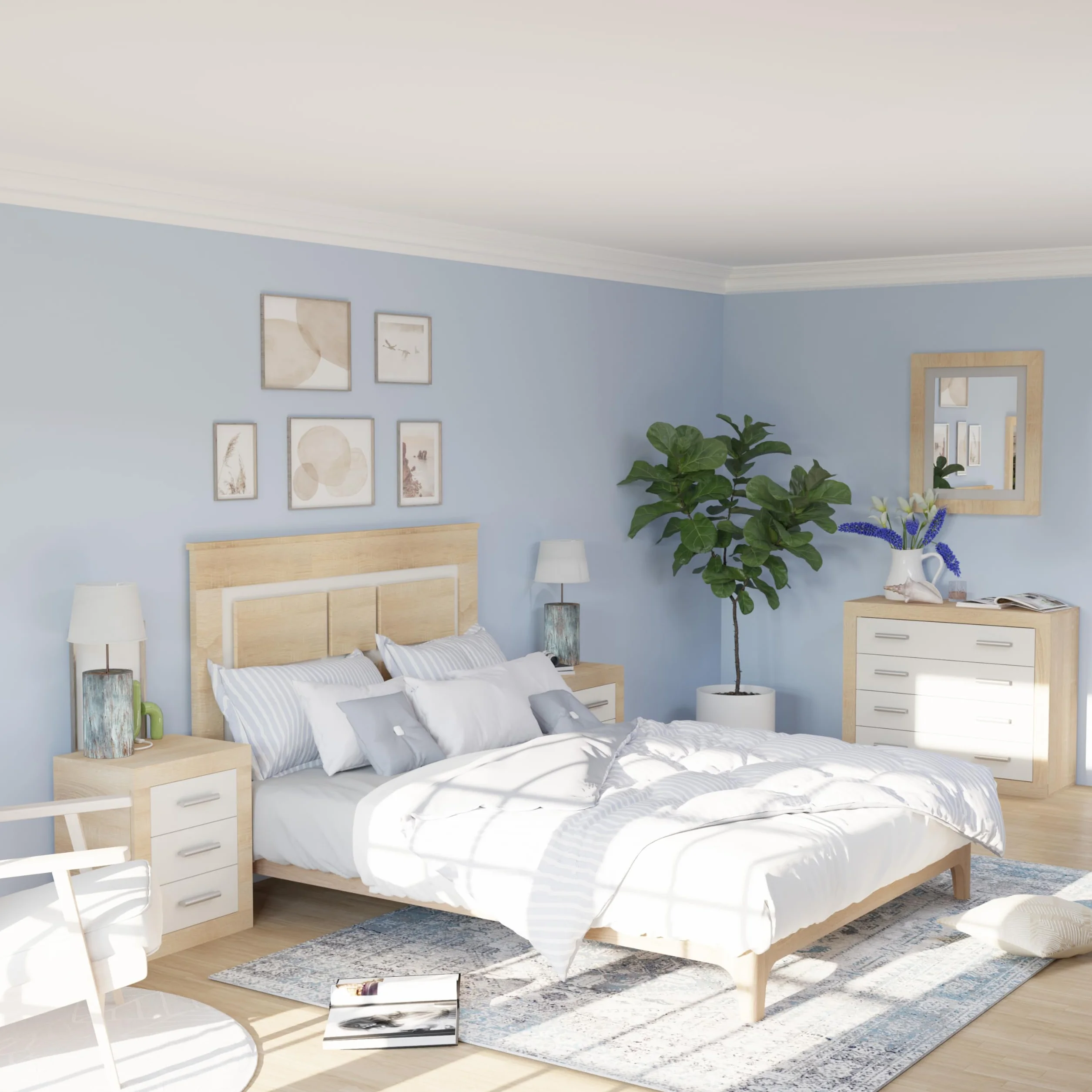 duehome | Conjunto de Dormitorio Kira 4c - Cabecero + 2 Mesitas de Noche + Comoda y Espejo, Acabado en Cambria y Blanco
