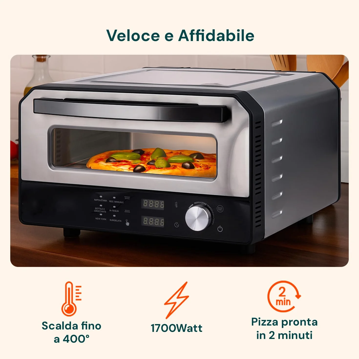 Horno eléctrico para pizza Avilia 400°C con pantalla digital y 6 programas de cocción, acero inoxidable