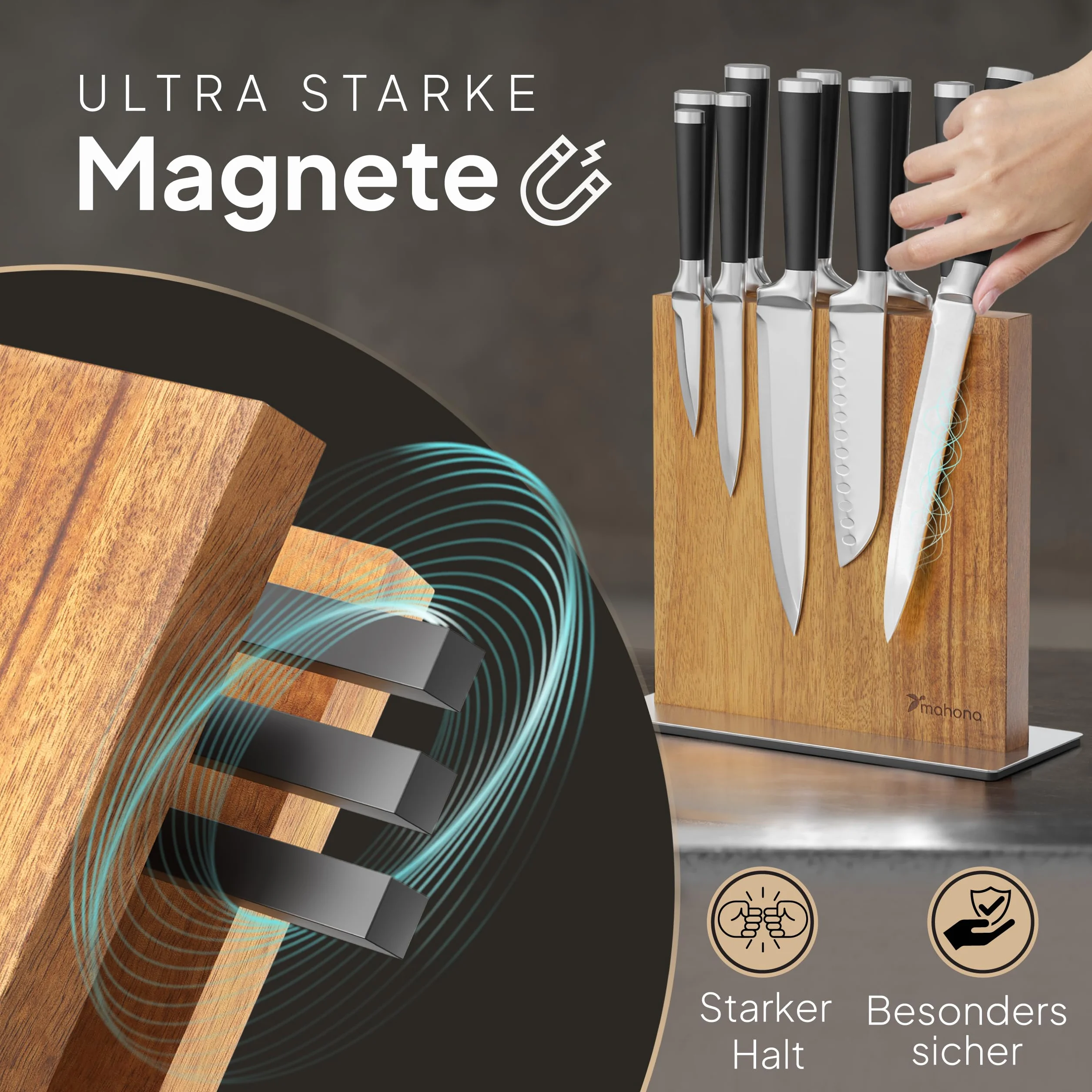 Mahona Bloque magnético para cuchillos de madera de acacia 23,5 x 22,5 cm doble cara sin taladrar