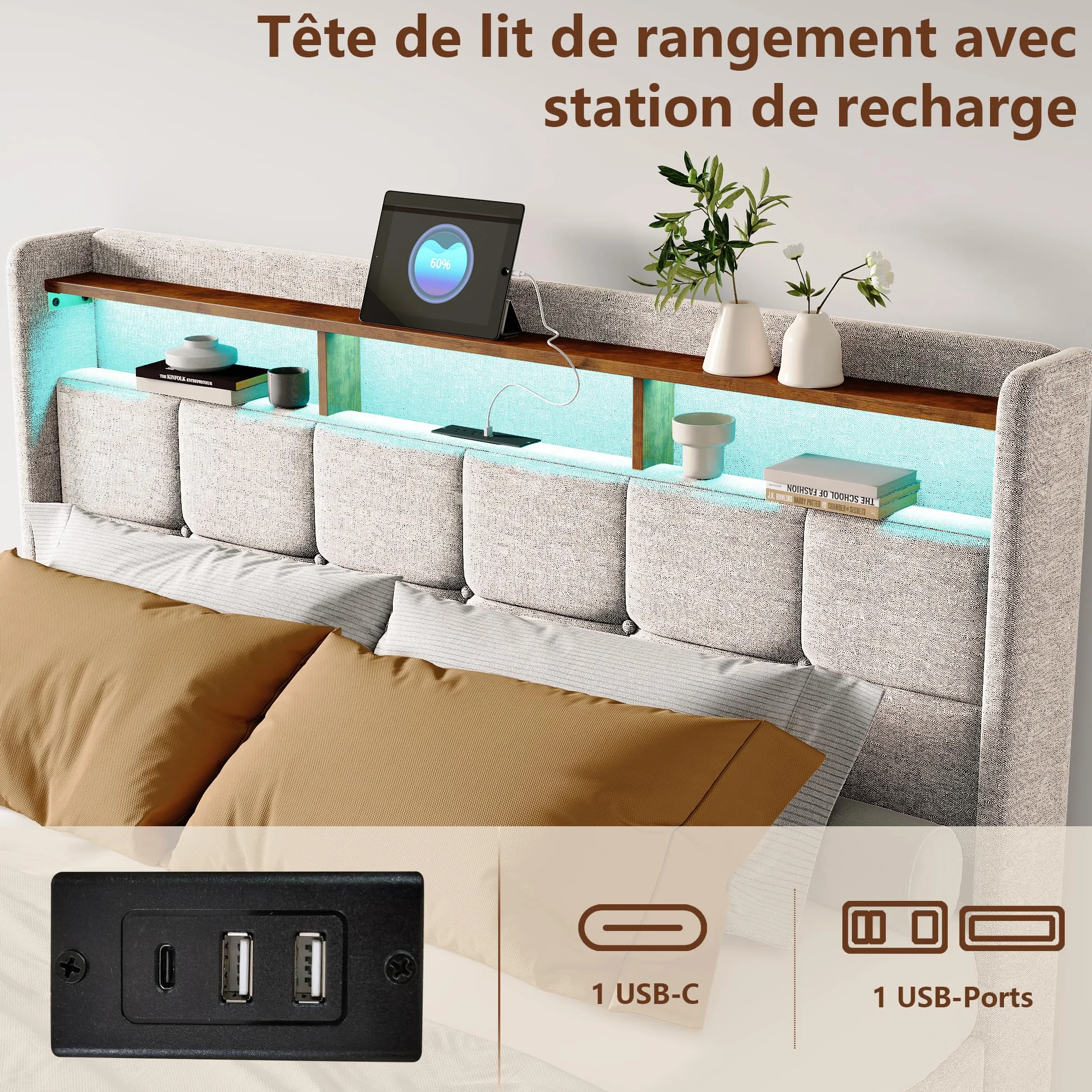 Cama Tapizada 160x200 con Espacio de Almacenamiento, Cama Matrimonial con Toma USB y luz LED, Cama Juvenil con 4 Cajones, Estructura de Cama con cabecero y somier, Tela de Lino, Sin Colchón, Beige A