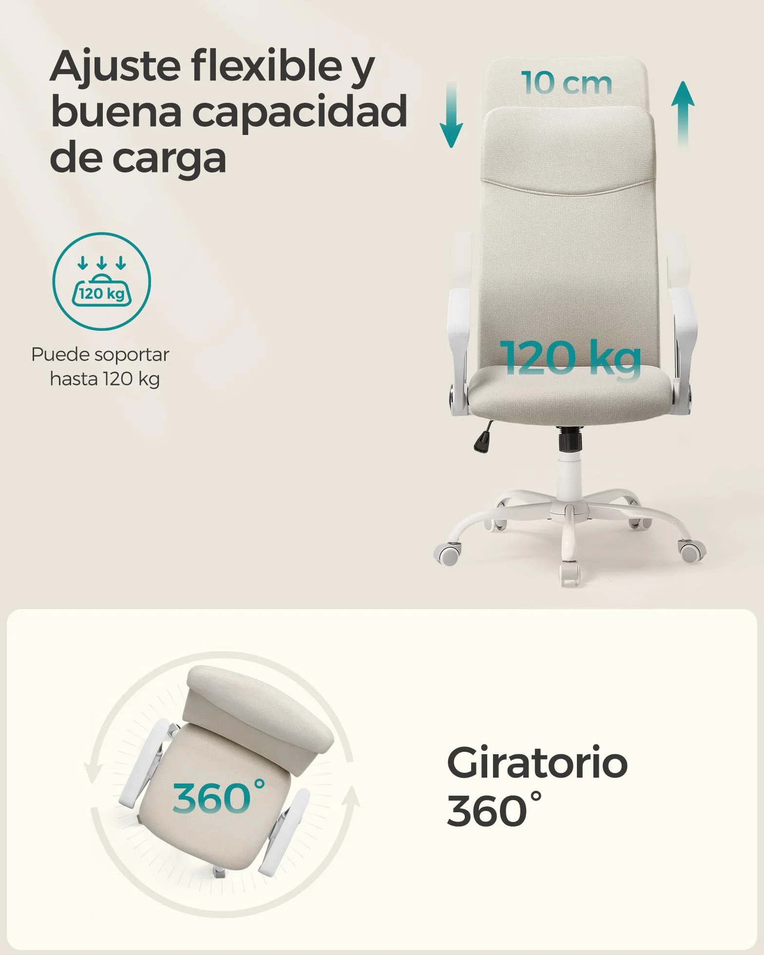 SONGMICS Silla de Oficina Ergonómica Giratoria Regulable Altura Inclinable 120 kg Beige Cappuccino
