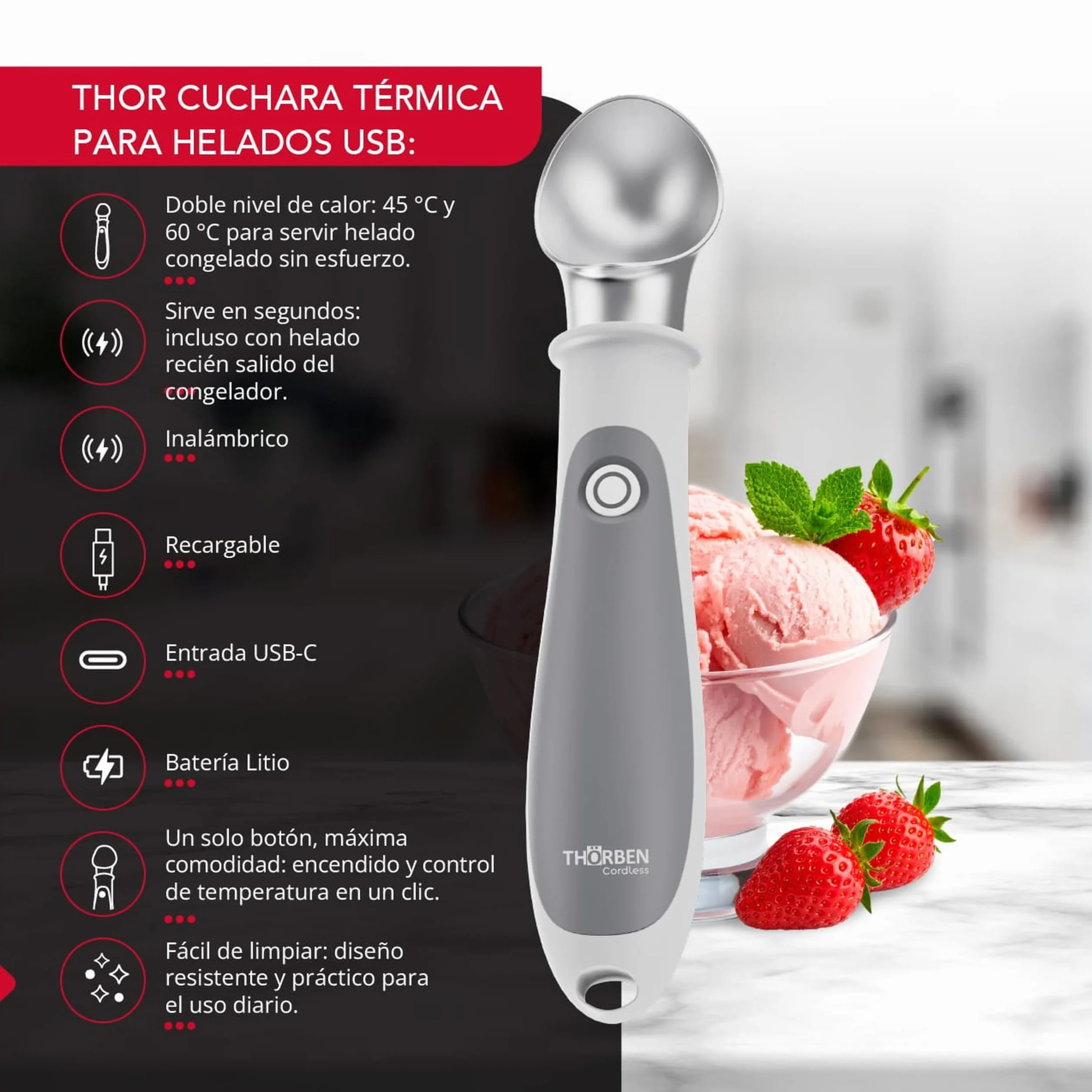 Thörben Cuchara de Helados Eléctrica Calentada USB-C, Doble Nivel de Calor 45°C y 60°C, Material Grado Alimenticio
