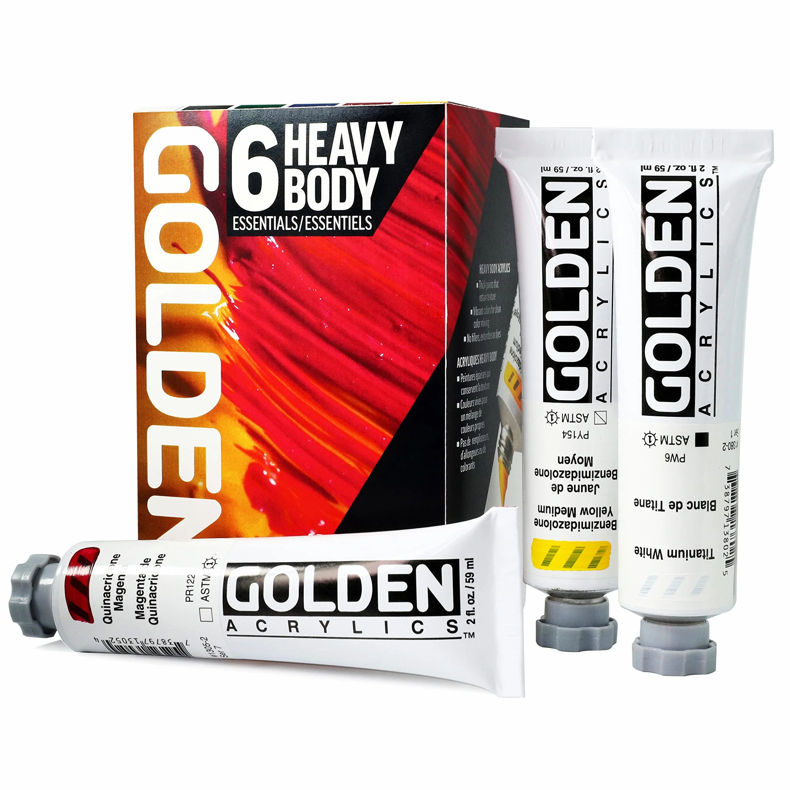 Heavy Body Acrylics by GOLDEN, Essentials Set, 6 colores, pintura acrílica profesional