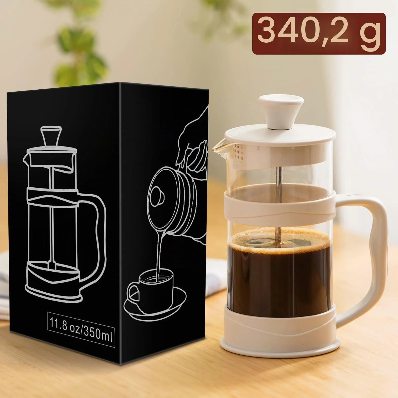 ParaCity Cafetera Francesa/Prensa Francesa, French Press de filtro de acero inoxidable 304 y vidrio resistente al calor, cafetera embolo de 350ML para viajes y regalo en el hogar (blanco)