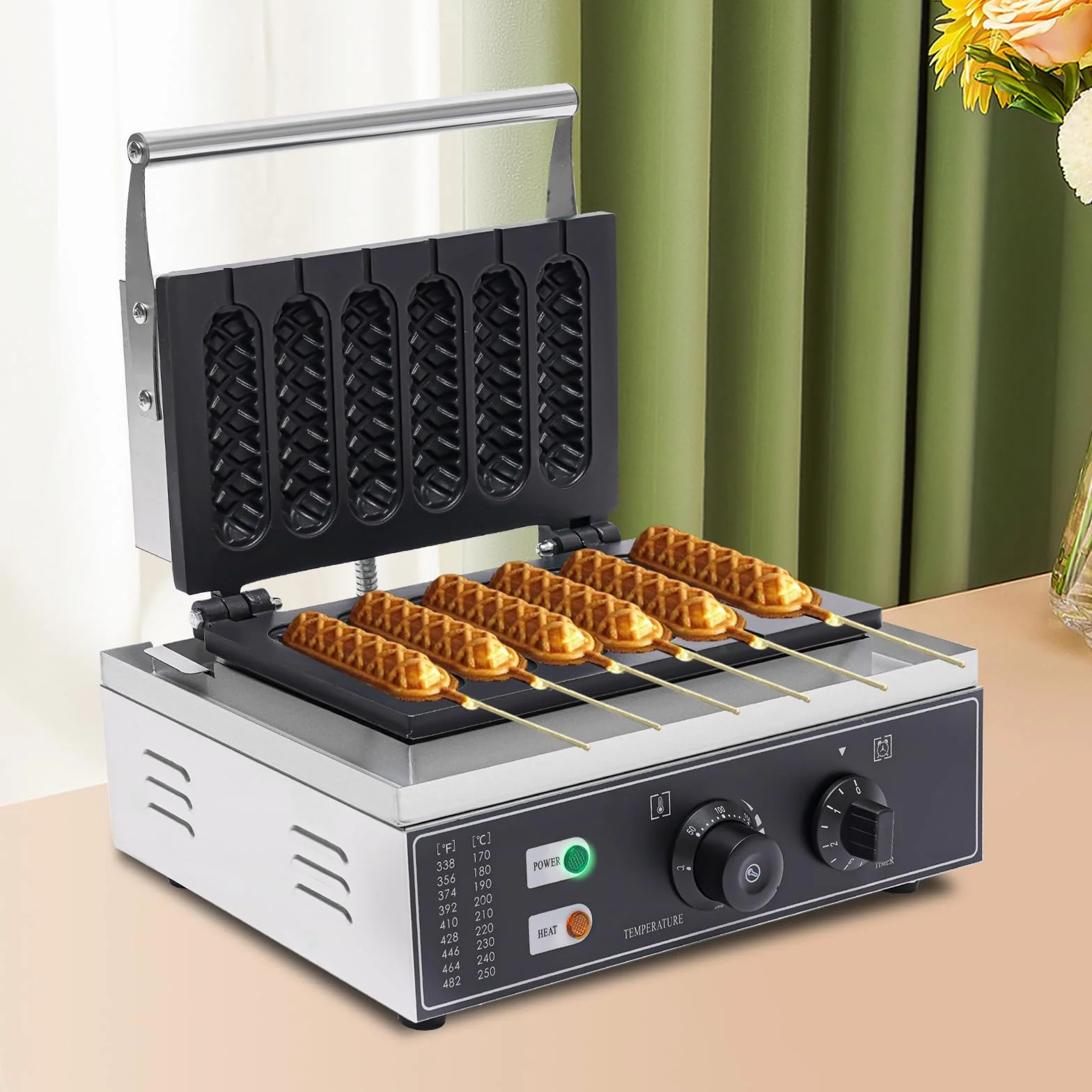 Waffeleisen Waflera, 1500W de acero inoxidable, máquina eléctrica de gofres comercial con 6 piezas de asa/perrito caliente, gofres en brocheta para panaderías, restaurantes, quioscos