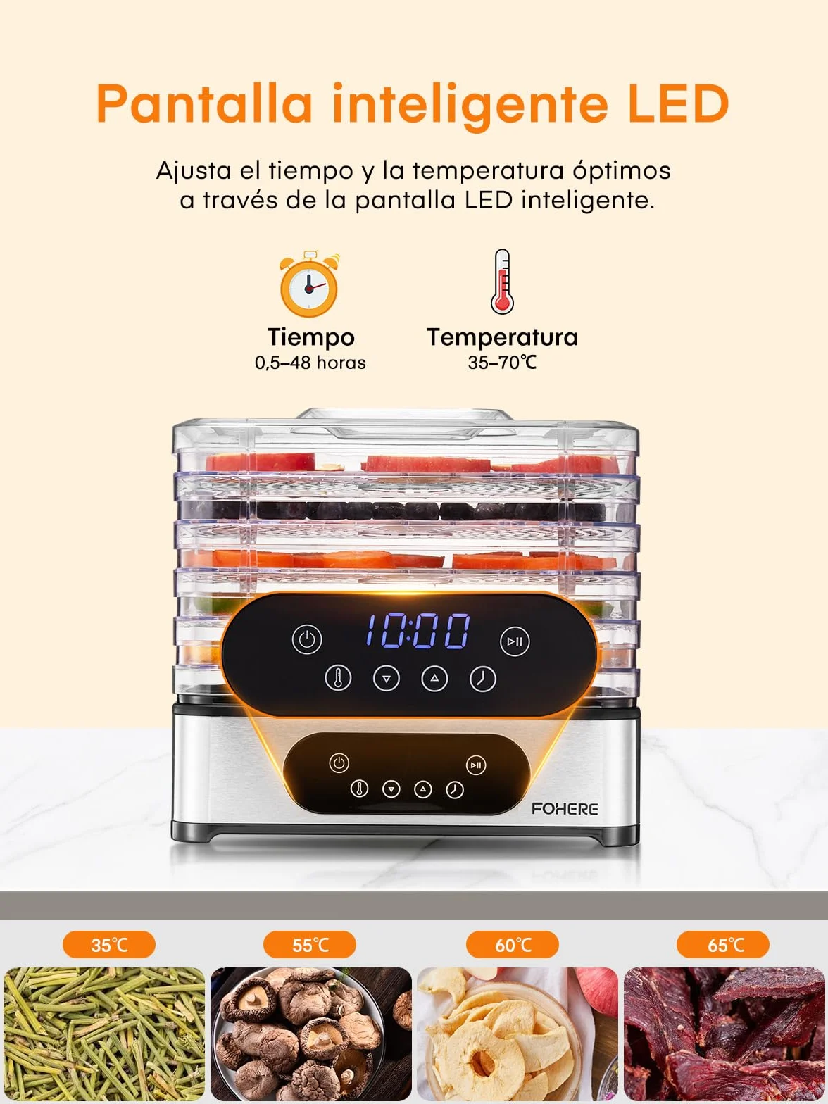 Deshidratador de Alimentos FOHERE 420W 5 Bandejas Inox Pantalla LED Temporizador Temperatura 35-70°C