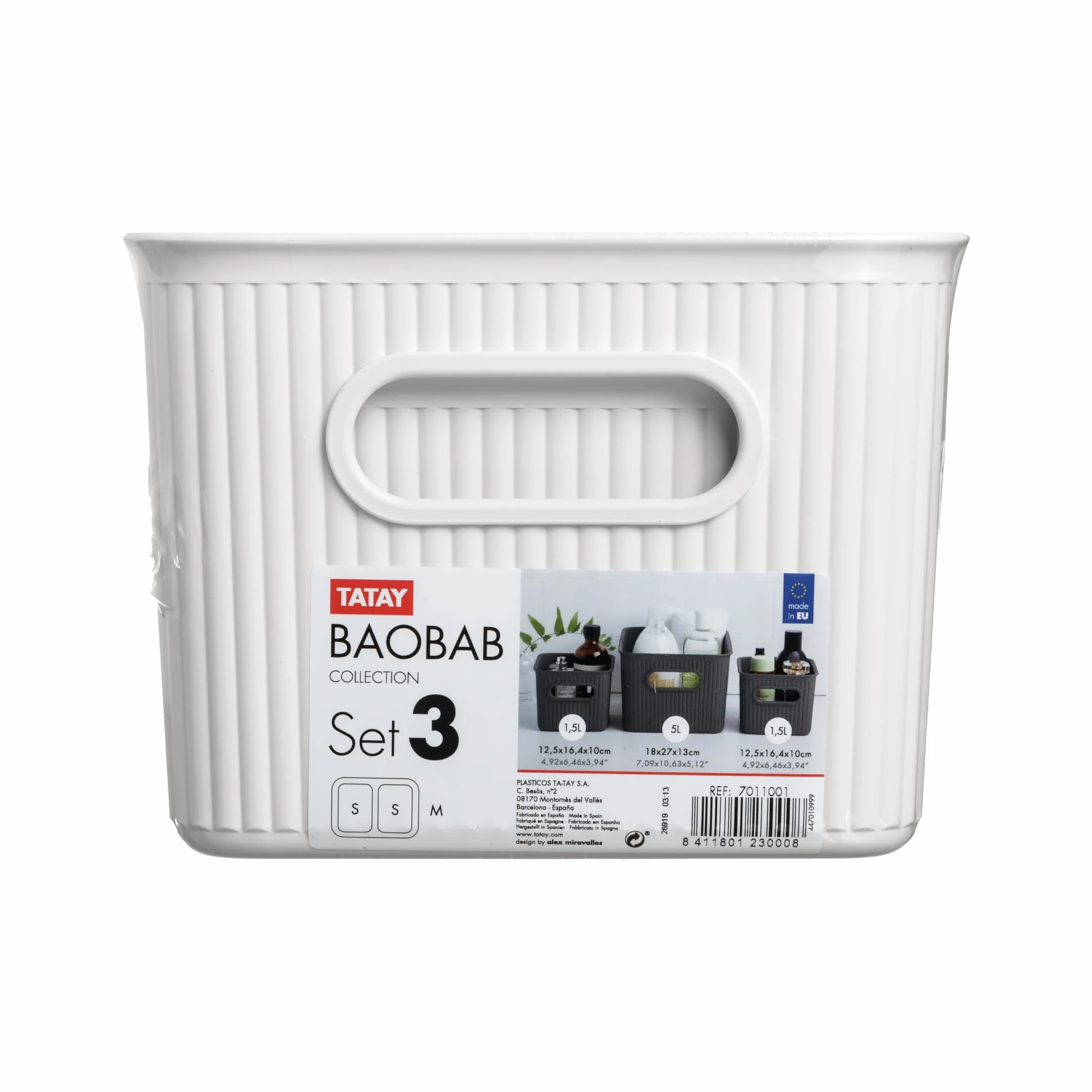 Tatay Cestas Almacenaje Plastico Baobab Set 3 Cajas Organizadoras Asas Integradas Plástico Reciclado Libre de BPA 18,7x27,8x13,3 cm Blanco