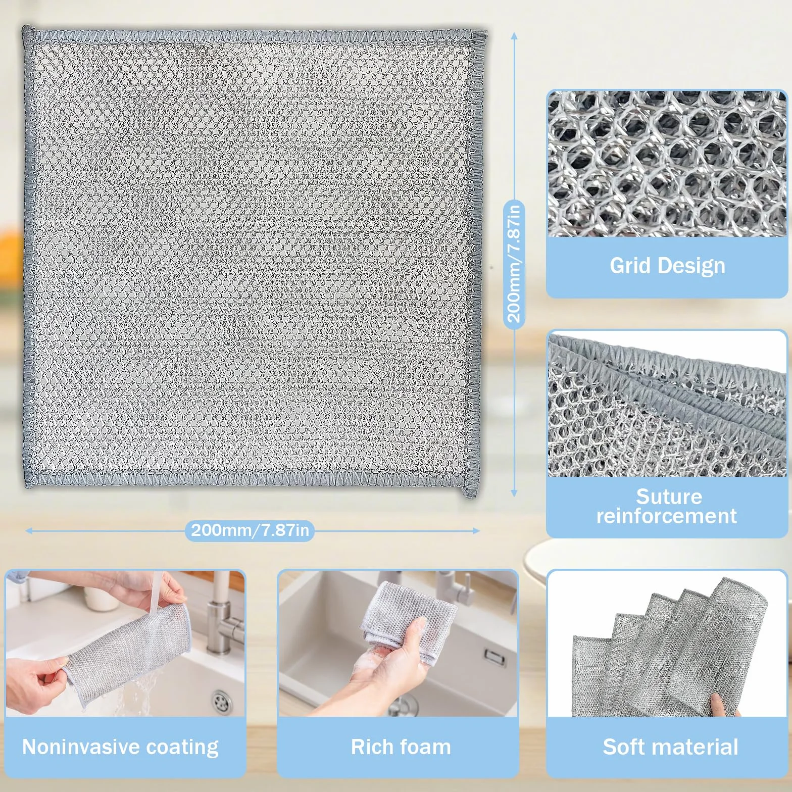 Estropajo Aluminio Paños de Alambre Metalico Doble Capa Antiarañazos Reutilizables Paños de Limpieza Multiusos para Cocina Acero Inoxidable