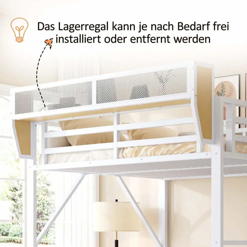 Cama alta de 140 x 200 cm con estructura de metal, cama de matrimonio de 140 x 200 cm con escalera de seguridad y compartimento contenedor flexible, cama para niños, sin colchón, color blanco
