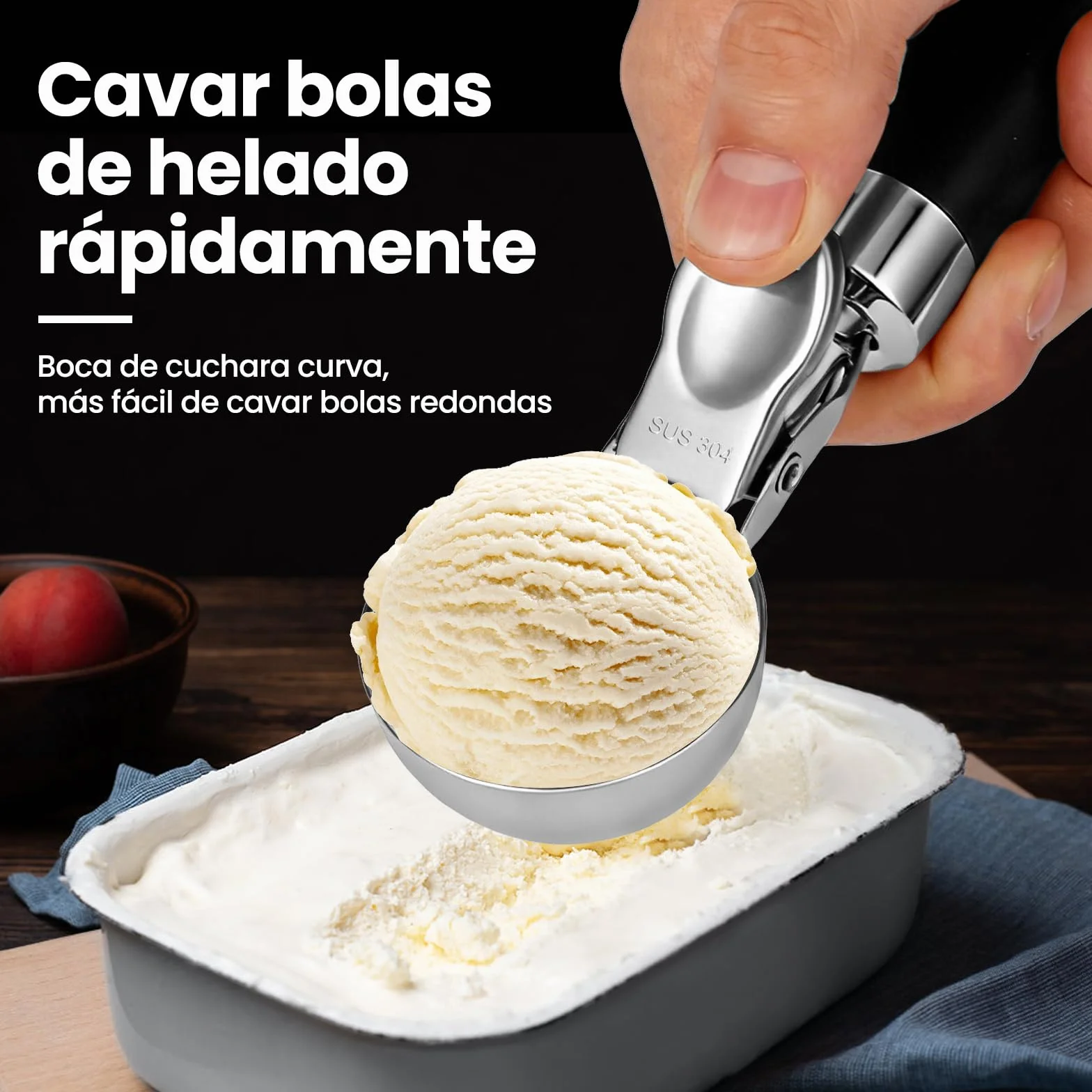 Cuchara Helado de Acero Inoxidable 21 cm, Sacabolas con Gatillo y Mango Cómodo, Pulido Espejo