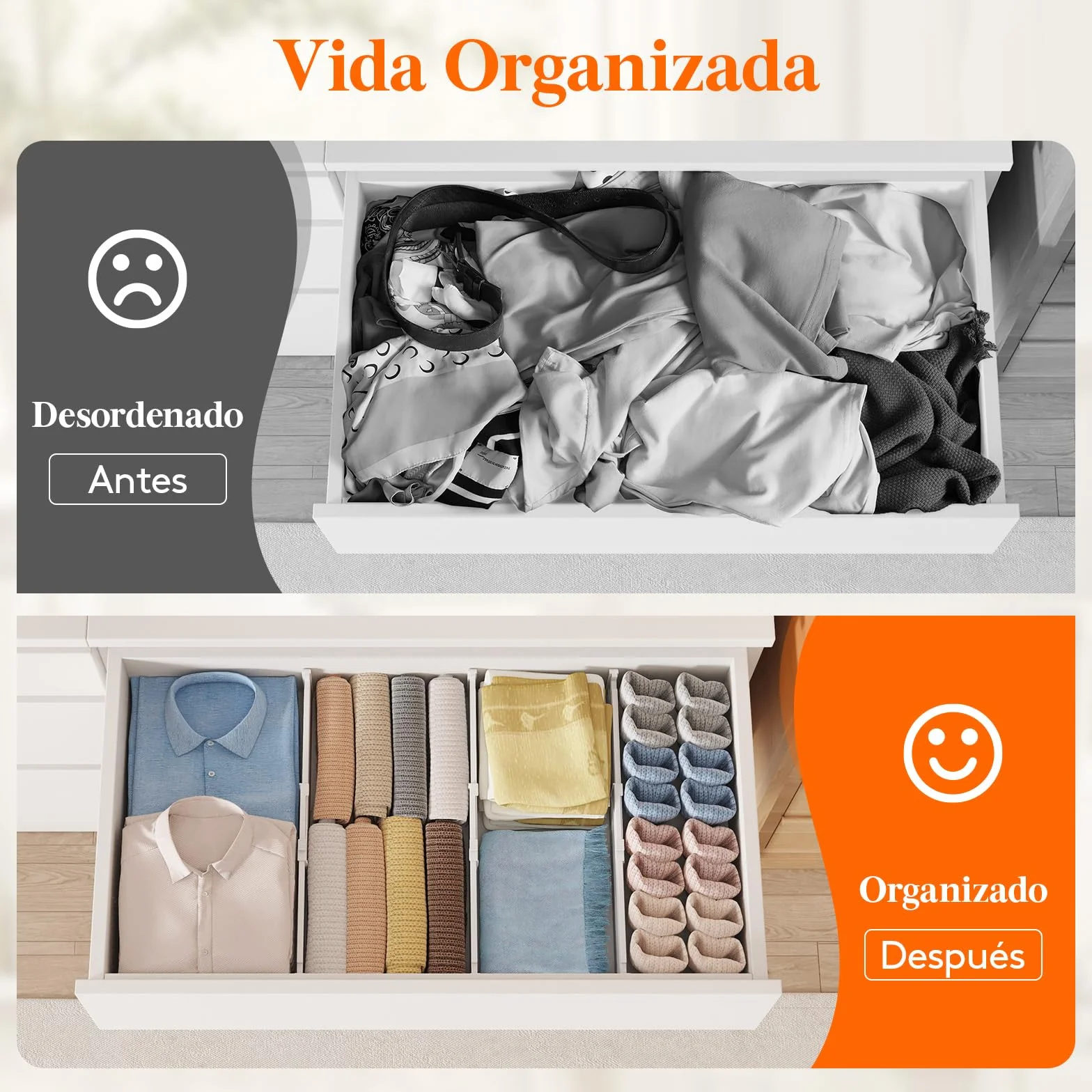 Lifewit Separadores de Cajones para Altura 10 cm, Ancho 35-55cm Divisores Ajustables para Armarios de Ropa, Organizador Plastico para Vestidores, Cocina, Baño, Tocadores y Escritorios, Juego de 4