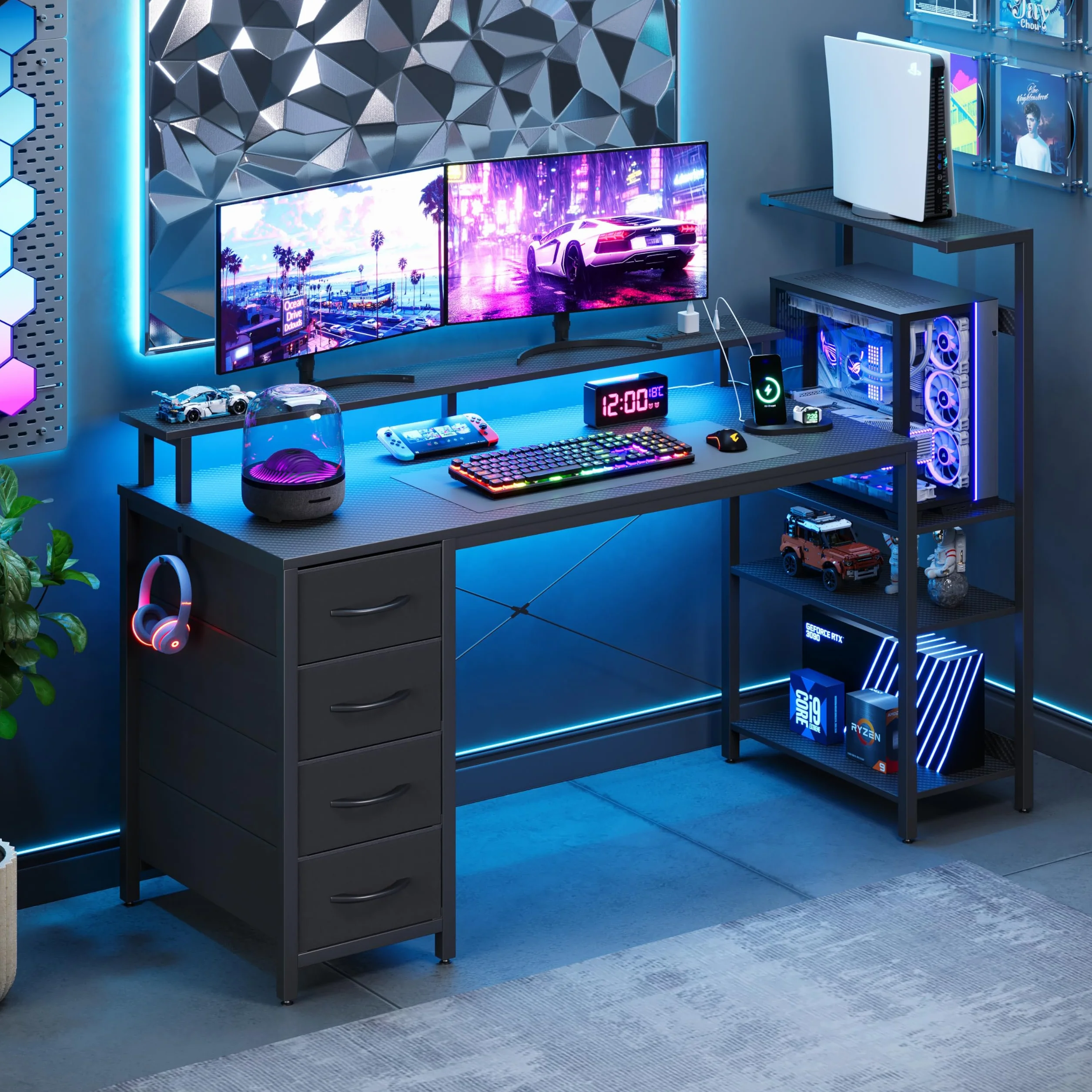 YOUDENOVA Escritorio para juegos con 4 cajones de tela, 150 x 48 cm, doble cara, con LED y enchufe, escritorio de oficina con soporte de monitor, conexión USB, mesa para oficina en casa y jugadores