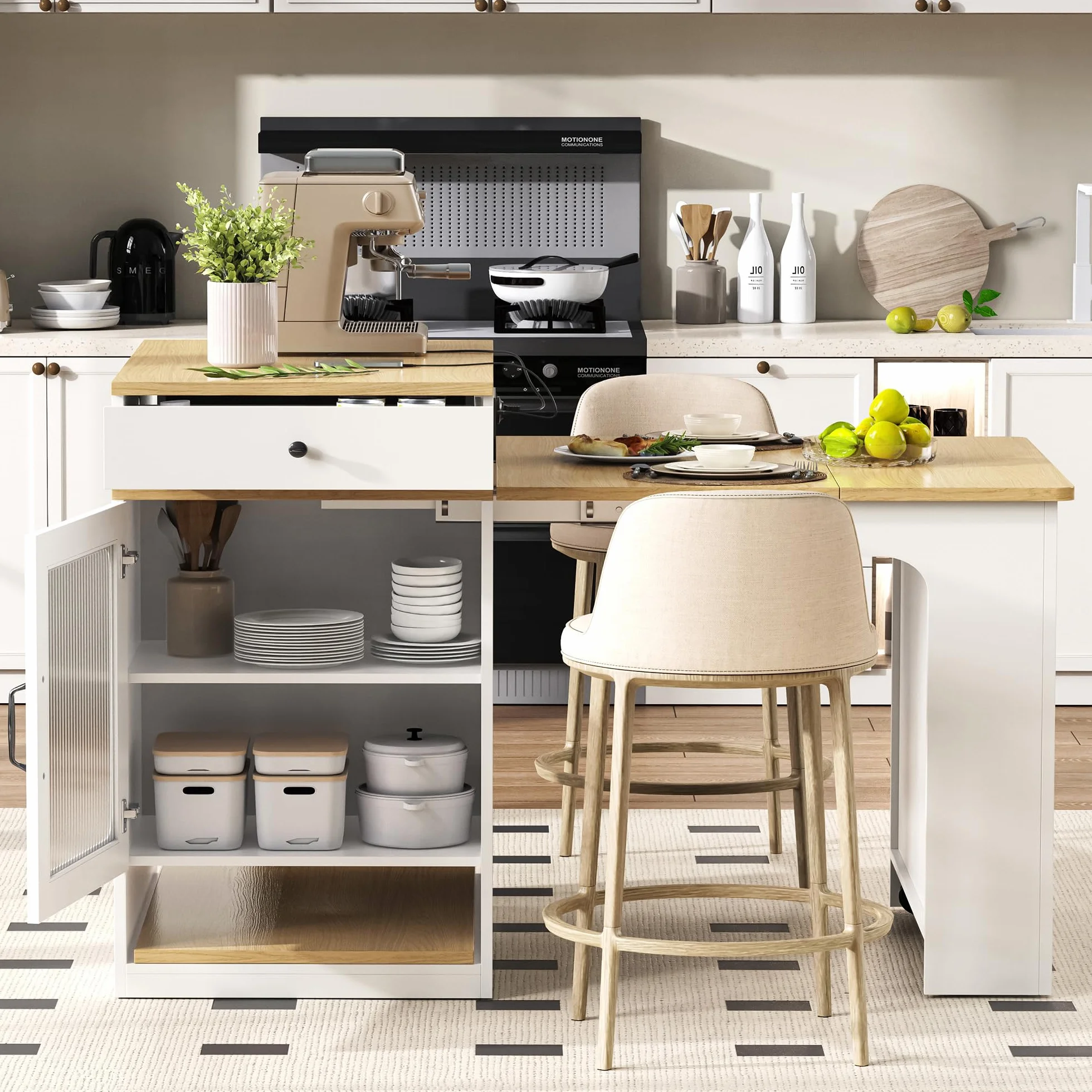 Isla de cocina móvil 80 x 71-151 cm con mesa extensible y enchufes, carrito de cocina con ruedas, mesa de bar, aparador, color blanco/natural, para pequeñas cocinas, comedores y oficinas en