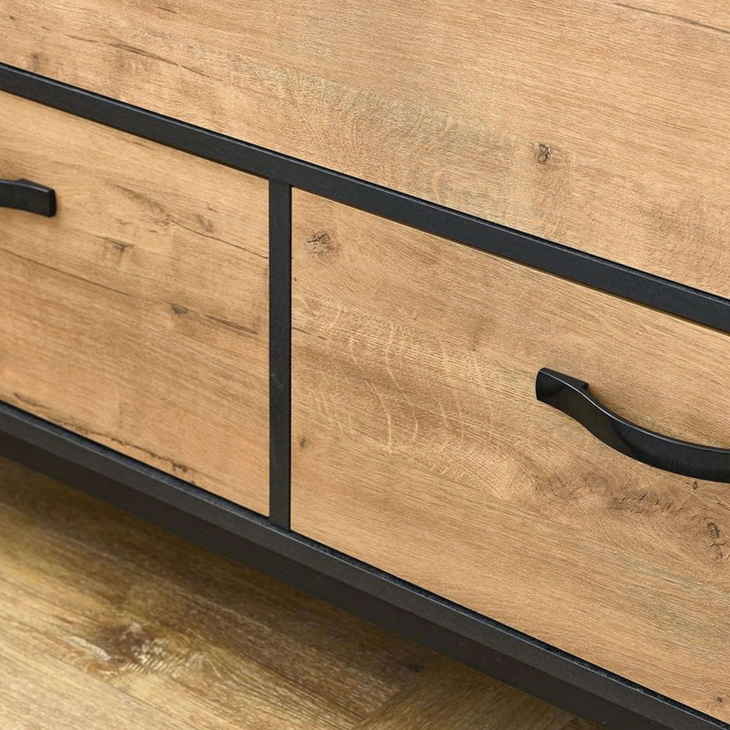 Muebles Pitarch | Mueble de Baño Doble 120cm ancho, Industrial Negro y Roble Gold, con estructura Patas, 2 Cajones y 1 Puerta, para Lavabos de sobreponer, modelo Sena