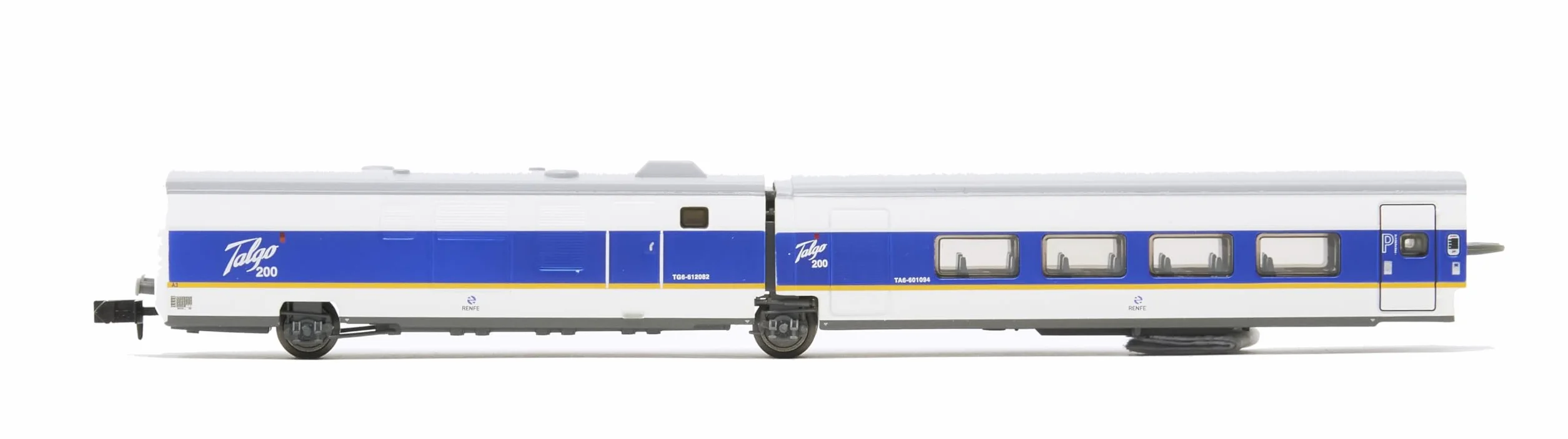 ARNOLD, RENFE, conjunto de 6 unidades del Talgo 200, librea blanca y azul con franja amarilla, periodo V
