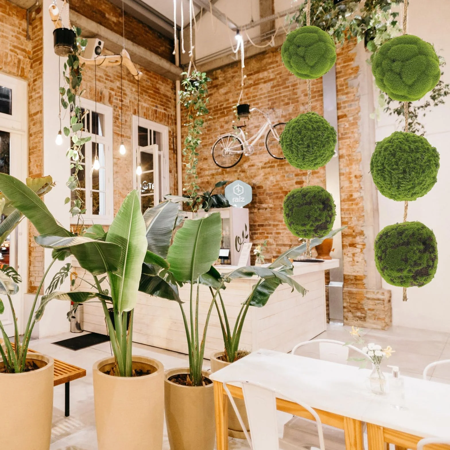 3 Bolas de Musgo Artificiales Verdes para Colgar en Interiores, Decoración Práctica y Natural Fibra y Espuma, Adecuado Hogar