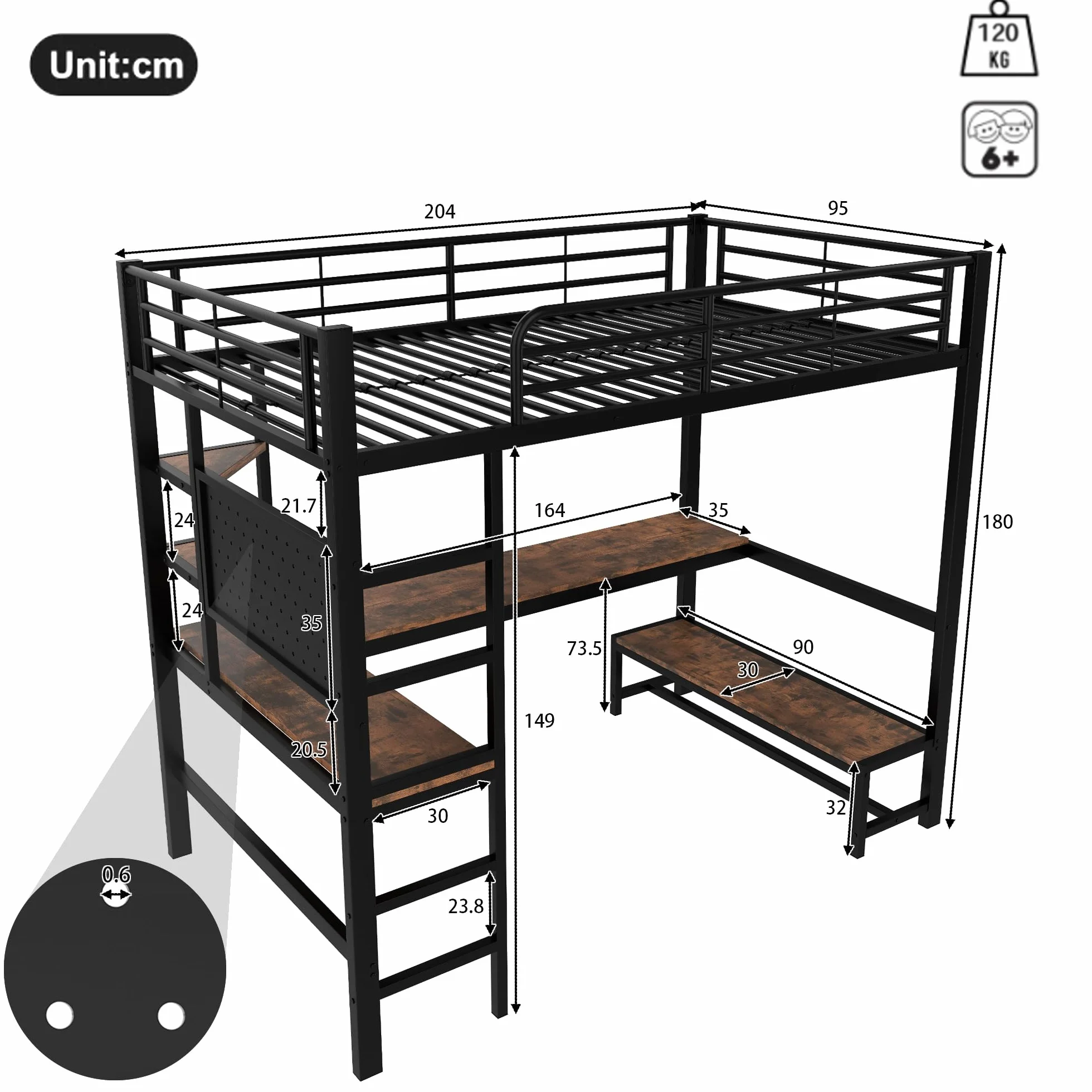 Lubvtti Cama alta 90x200, con escritorio, toma USB+TYPE-C, tira LED, estantes, panel perforado, cama apilable para niños, estructura de cama infantil de hierro (B-Negro)