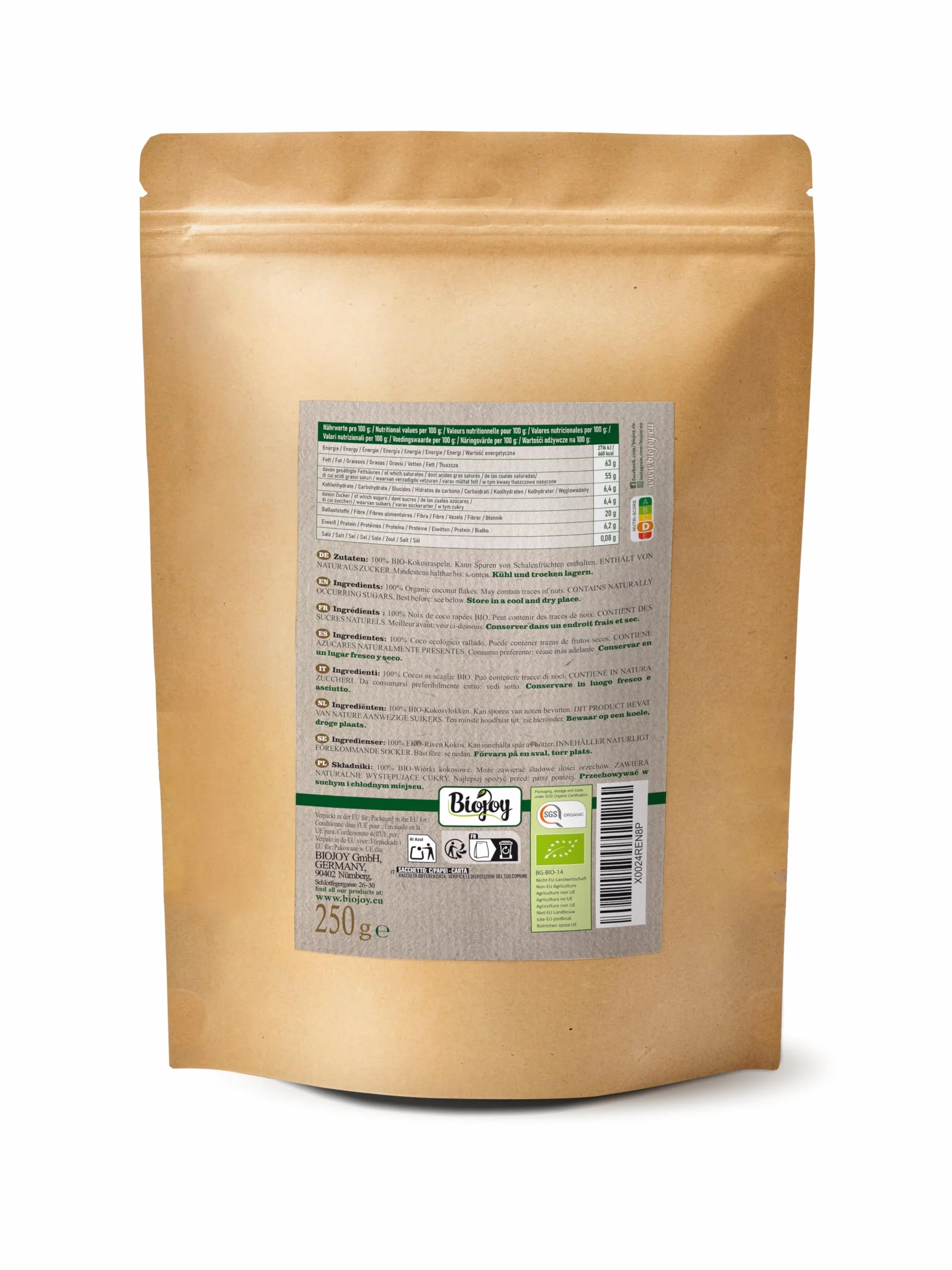 Biojoy Coco rallado deshidratado Ecológico 250 g sin azúcar añadido sin tostar