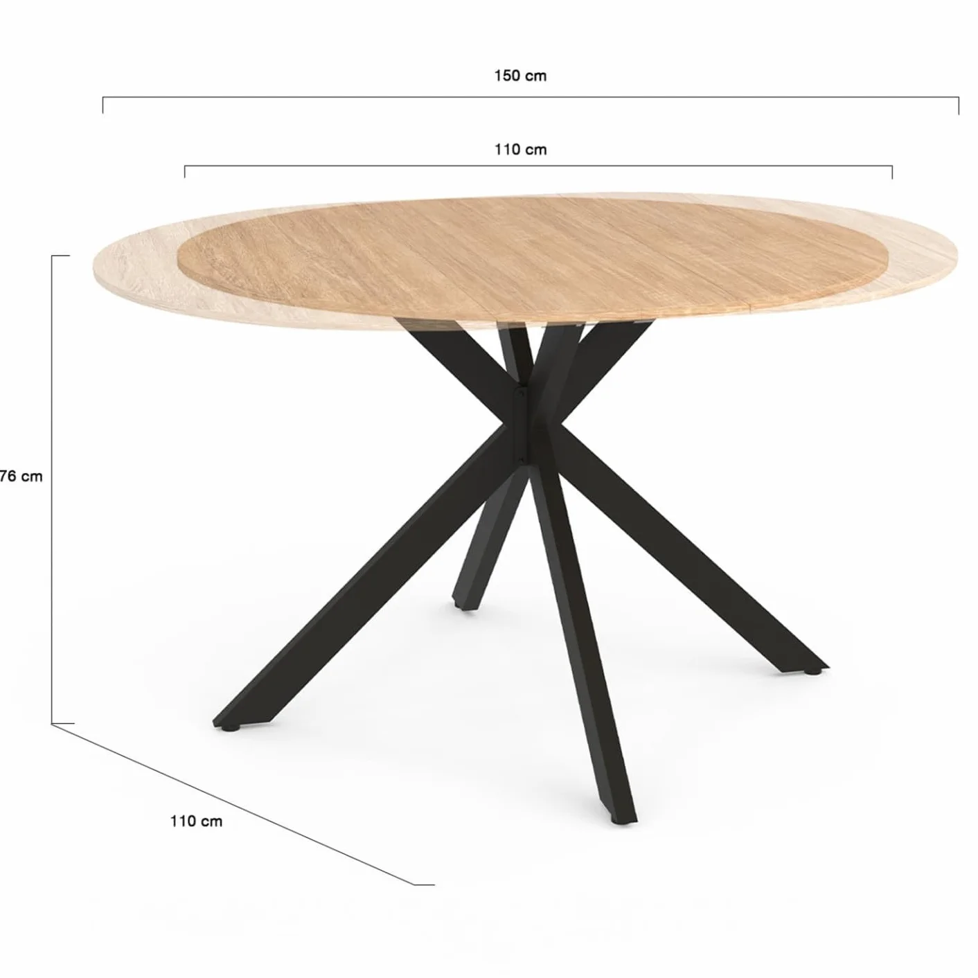 IDMarket Alix - Mesa de comedor extensible redonda 4-8 personas, patas de araña madera y negro, 110-150 cm