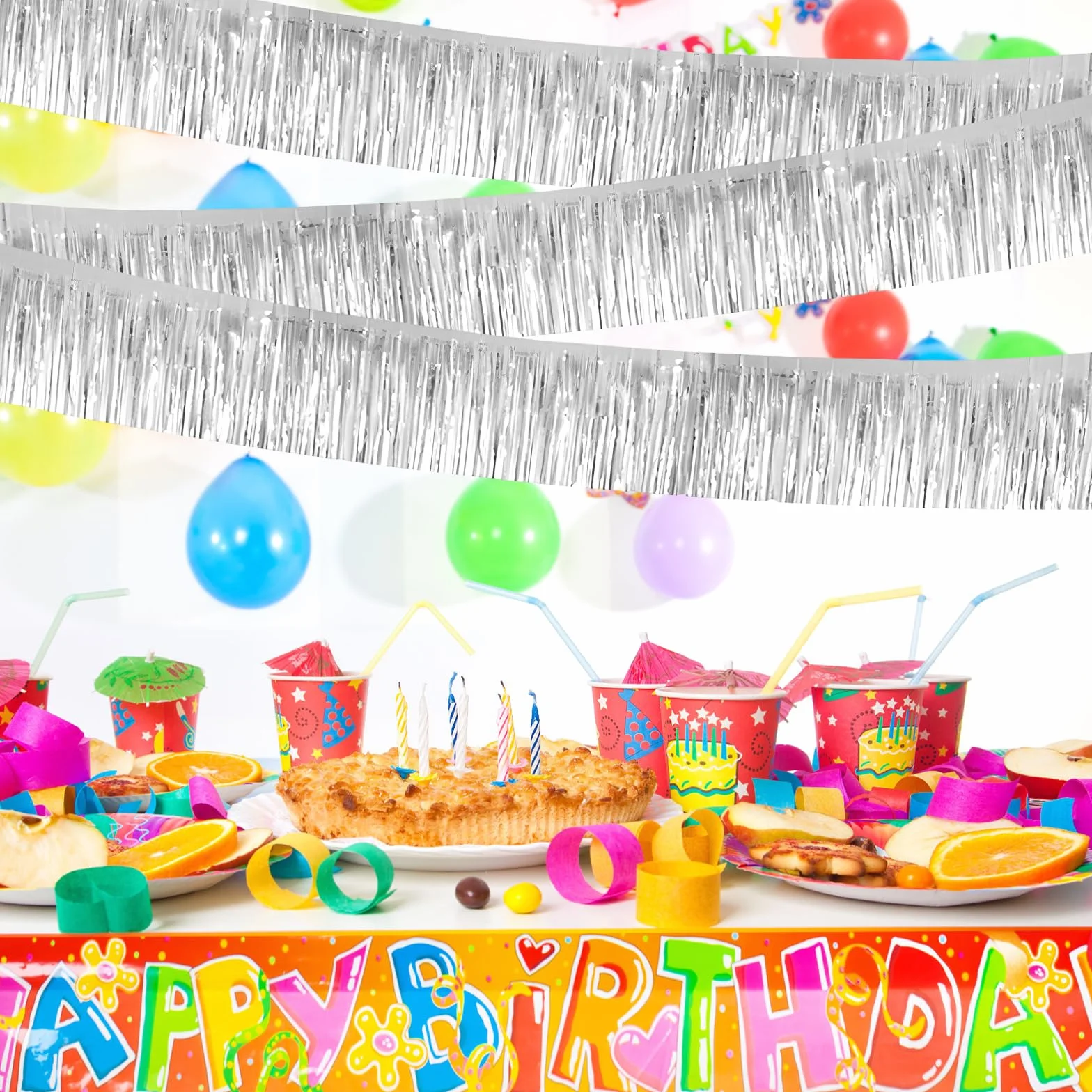 Juego de 6 cortinas de oropel con purpurina, 30 cm x 3 m, guirnalda de flecos, decoración colgante para fiestas, carnaval, cumpleaños, bodas, festivales (plata)
