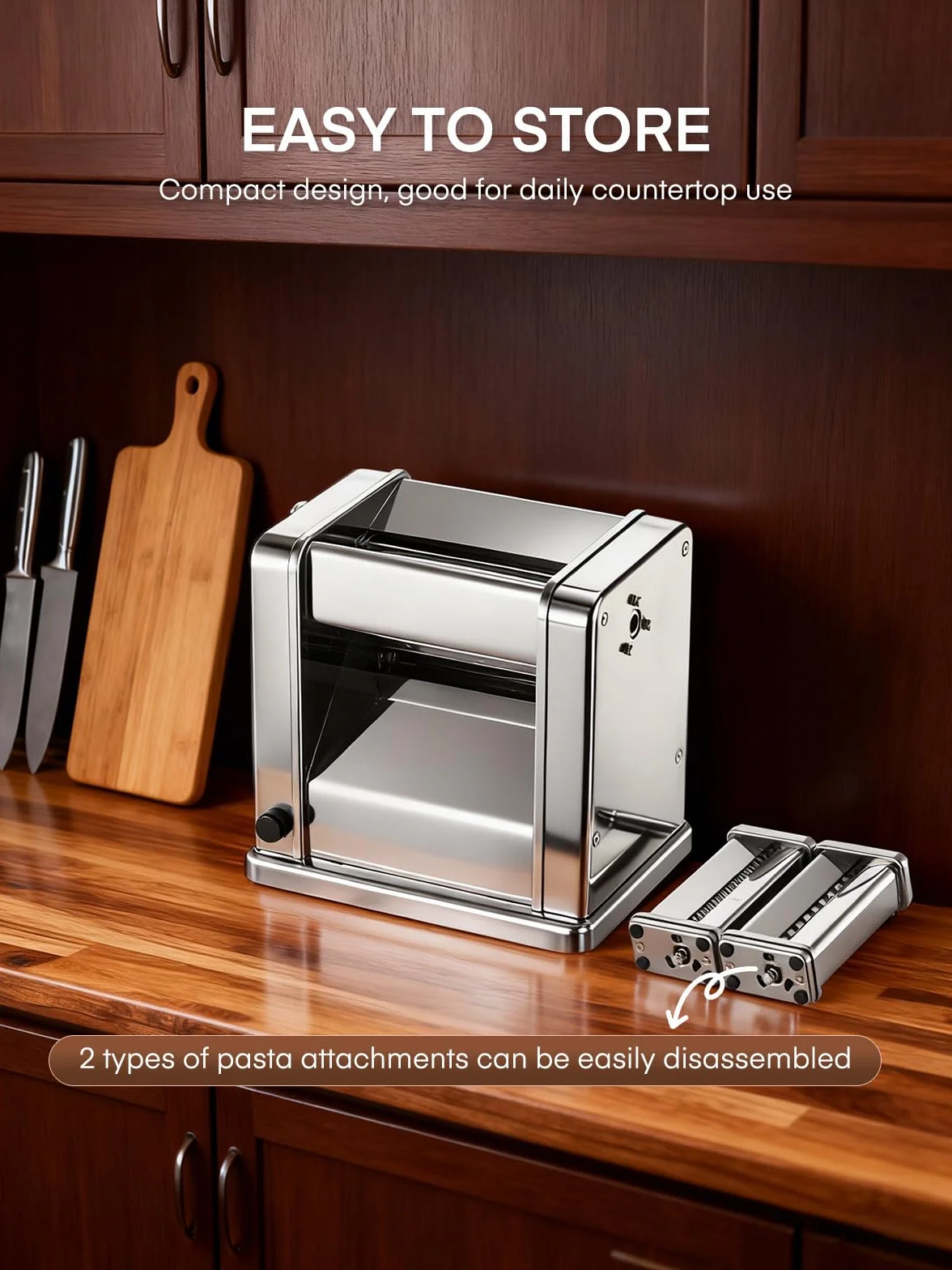 FOHERE Máquina de Pasta Fresca Eléctrica con 2 Cuchillas (1.5 mm/6.6 mm) y 7 Grosores Ajustables de 0.5-3 mm, Acero Inoxidable para Hacer Fideos Espaguetis Raviolis, Plata