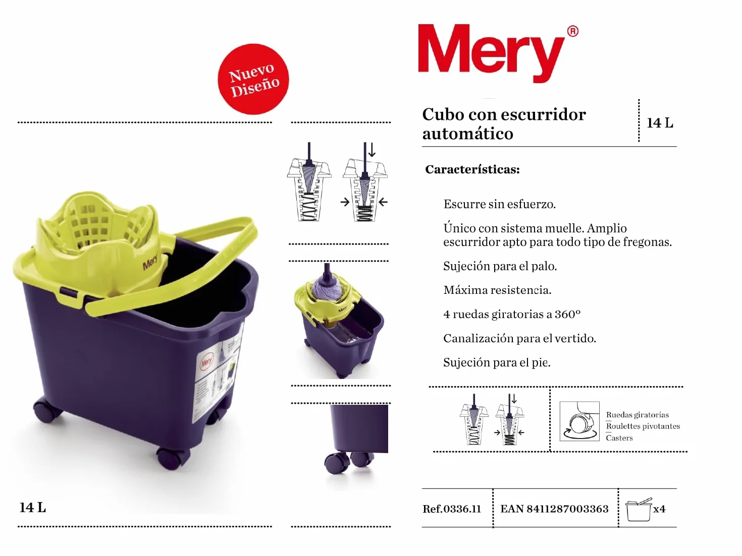 Cubo de fregona automático escurridor ecológico con ruedas morado 14L 38x25x39 cm