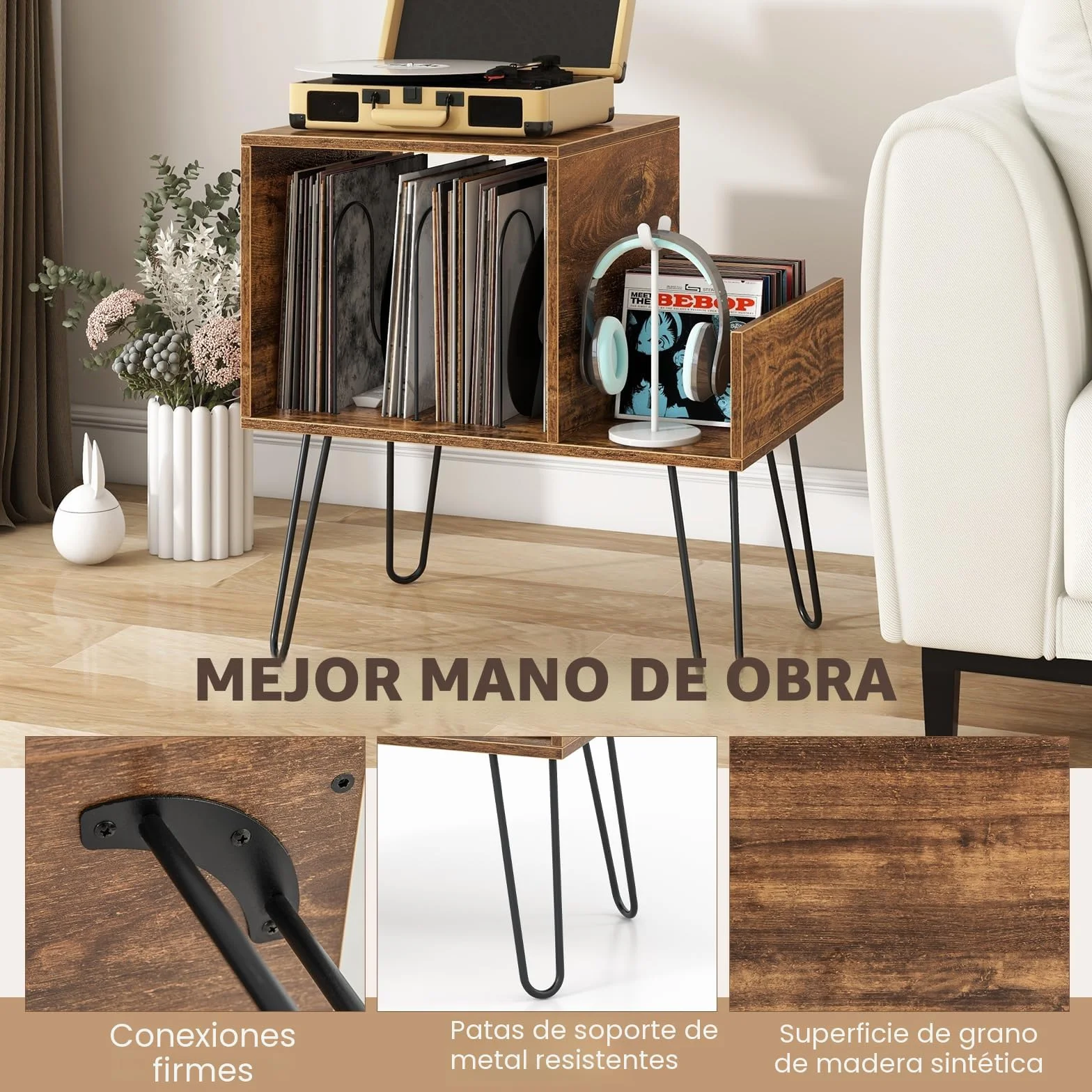KOMFOTTEU Soporte para Tocadiscos con Estación de Carga, Estantería para Discos de Vinilo, Mesa Auxiliar para 145 Álbumes, Marrón