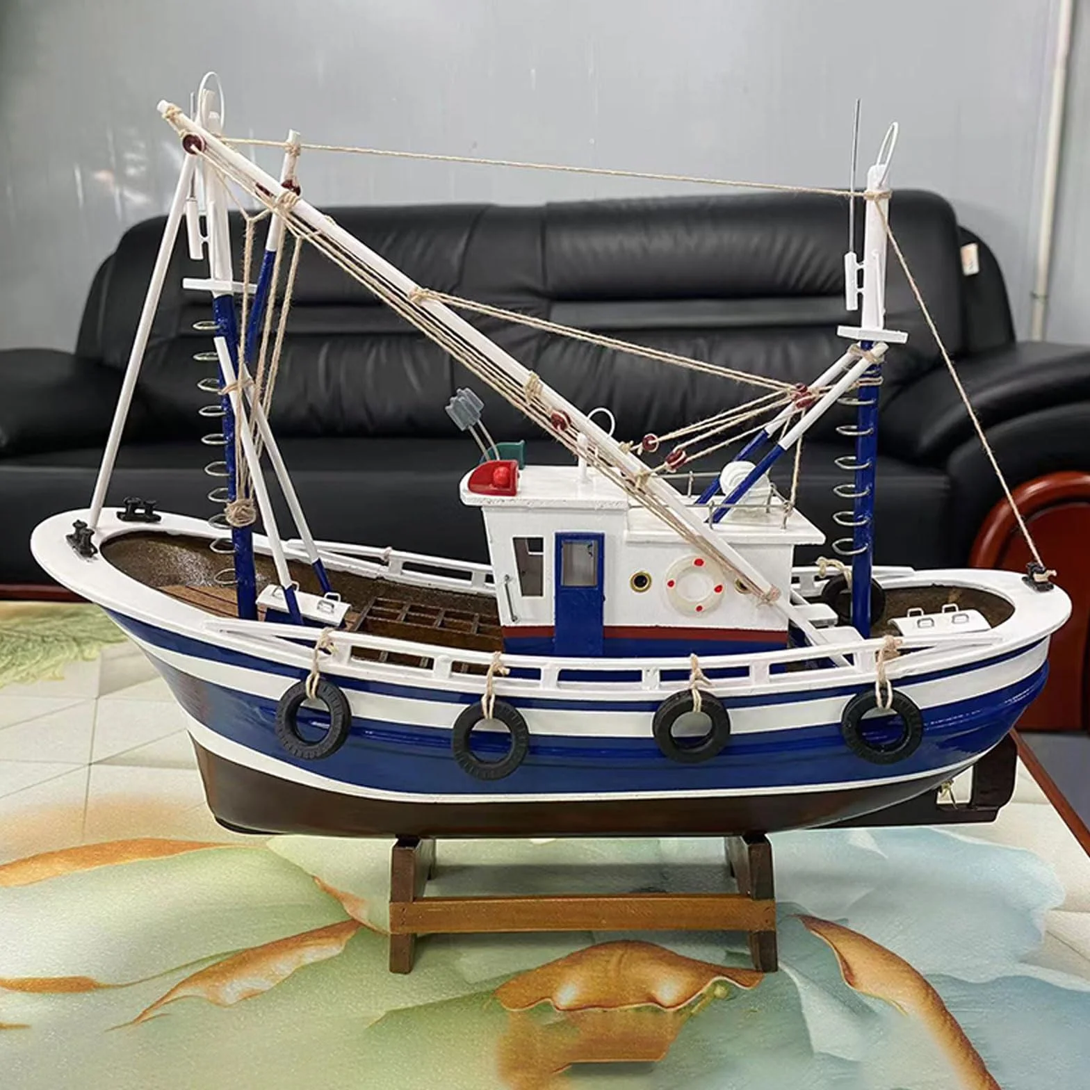 YLME Modelo De Barco Modelo Terminado De Barco Pesquero Simulado Adorno De Barco Pesquero De Madera Hecho A Mano Regalo De Recuerdo para Decoración del Hogar,Azul