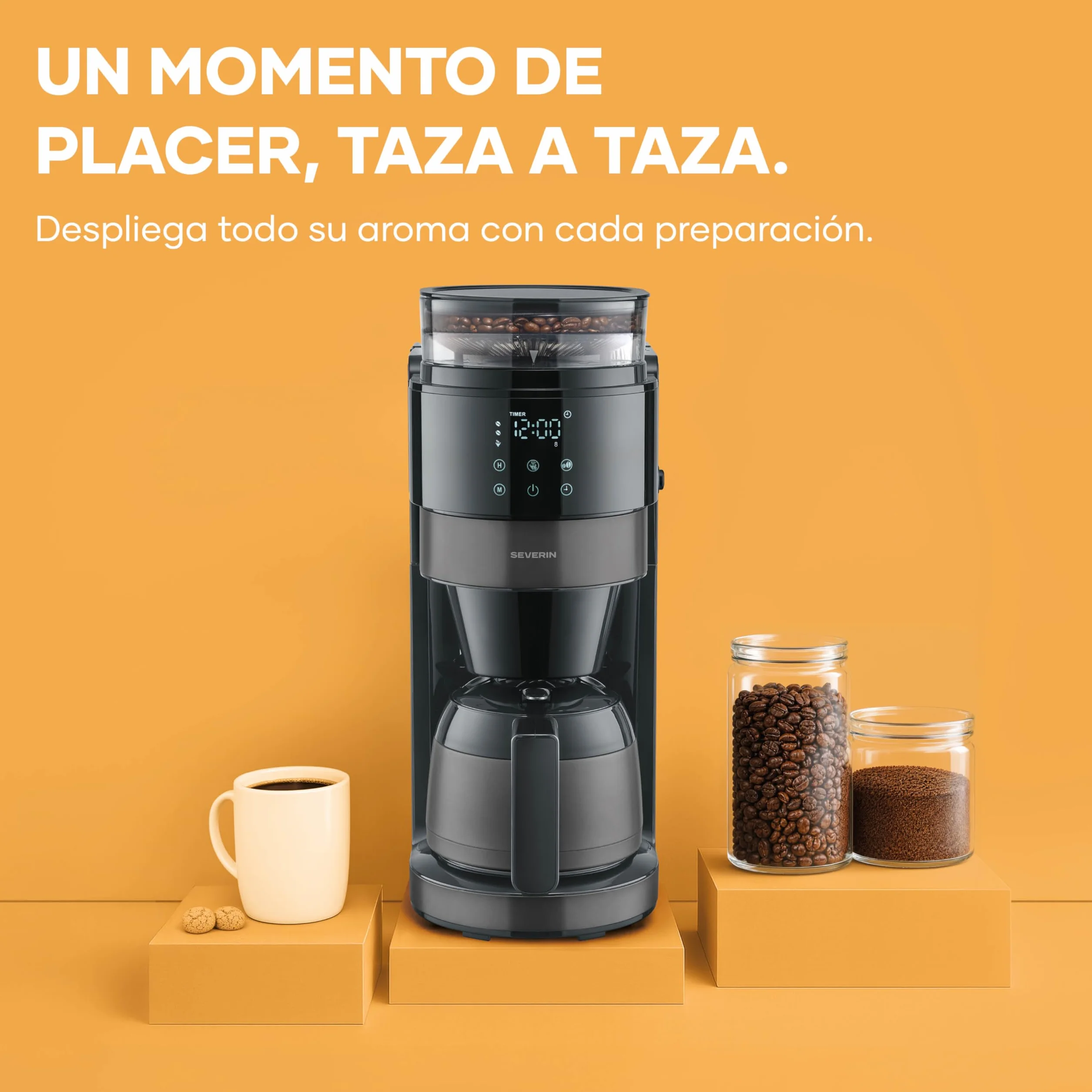 Severin de goteo con jarra térmica y molinillo, 1L de capacidad, hasta 8 tazas, sistema antigoteo, aroma intenso, apagado automática, pantalla LED, 900W, inox oscuro, negro, KA 4831