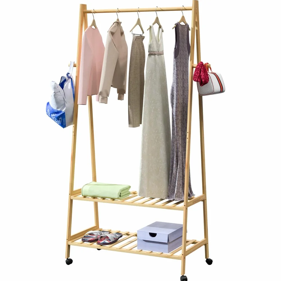CASARIA® Perchero de Pie Ruedas 2 Estantes Burro Ropa Robusto 4 Ganchos Madera Bambú 155x70cm Dormitorio Pasillo Organizador Colgador Moderno Natural