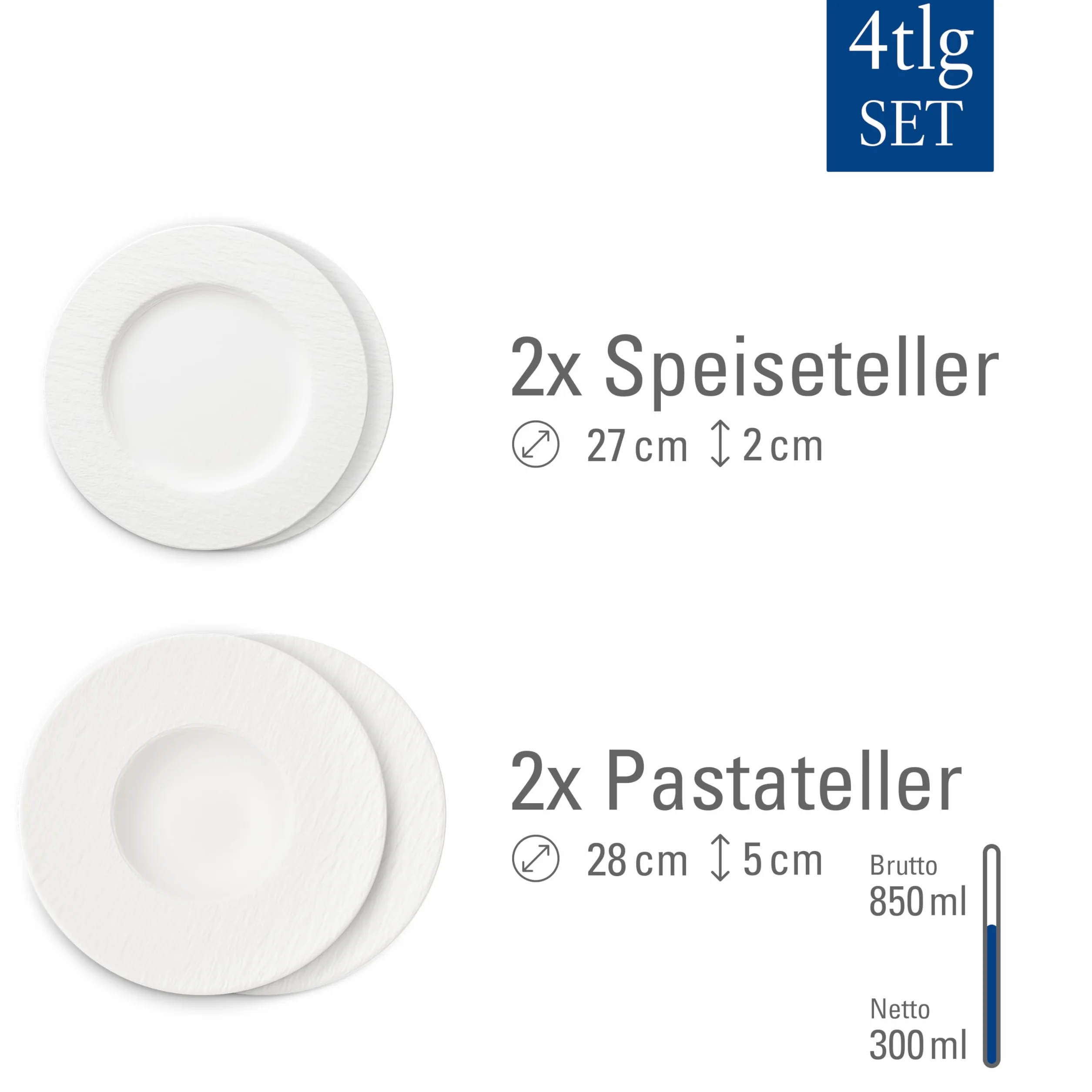 Villeroy & Boch – Manufacture, Set De Platos, 4 Piezas, Vajilla Para 2 Personas, Porcelana Premium, Blanco
