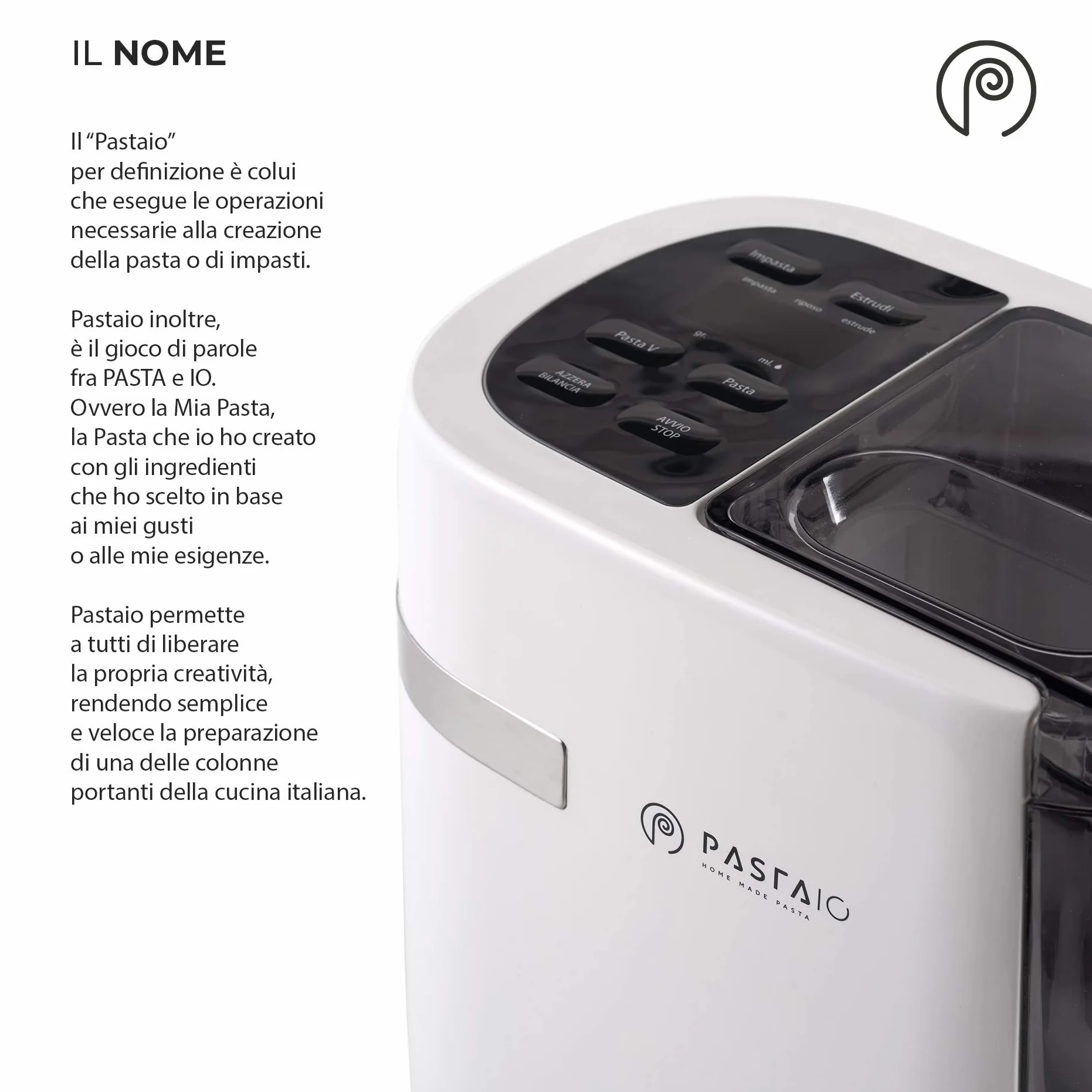 PASTAIO | Máquina de Pasta Fresca de Doble Extrusión. Pasta Maker, hasta 800 g de pasta, pesaje automático, 11 estirado incluido para 15 tipos de pasta, 180 W