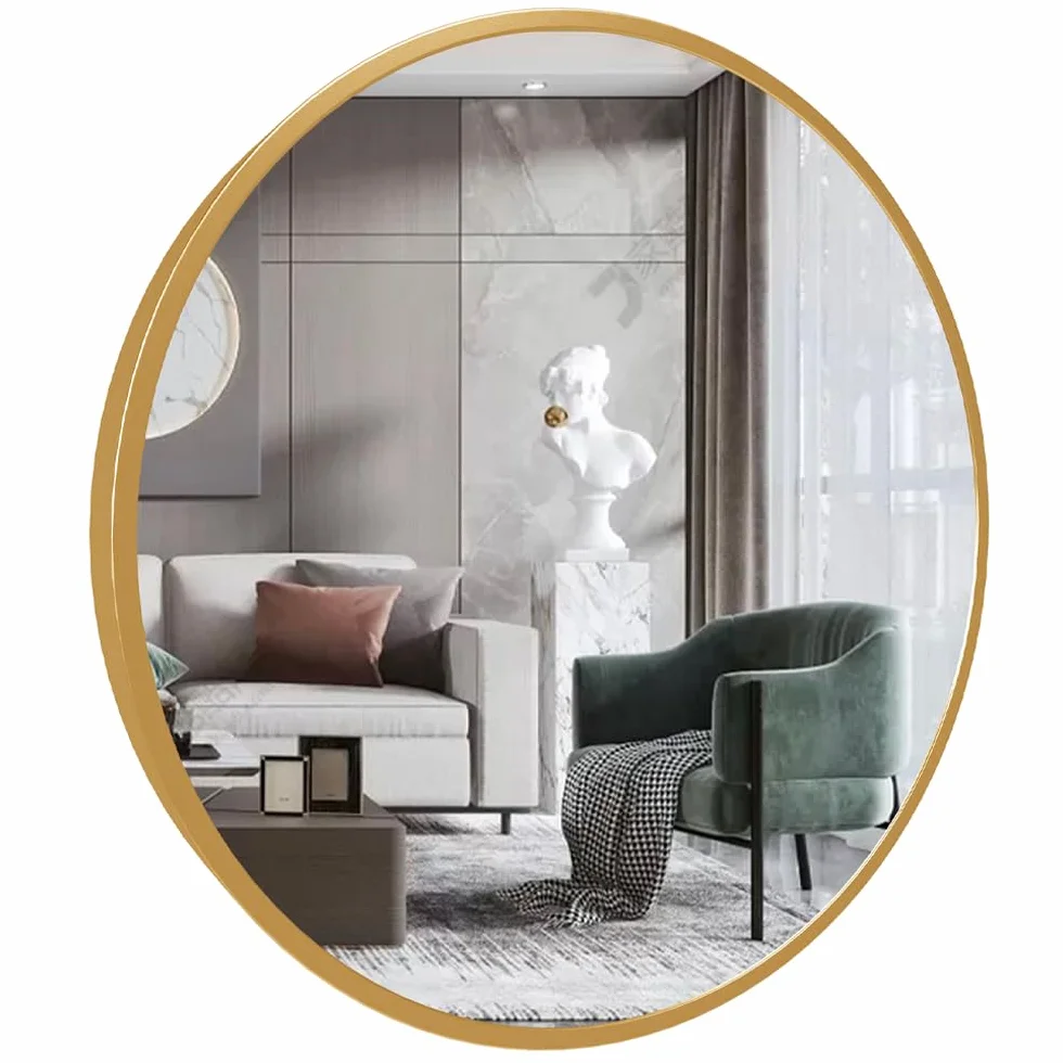 Marctani Espejo Redondo con Marco de Metal Decorativo Pared Elegante Moderno Baño Salon Recibidor Dorado 80 cm