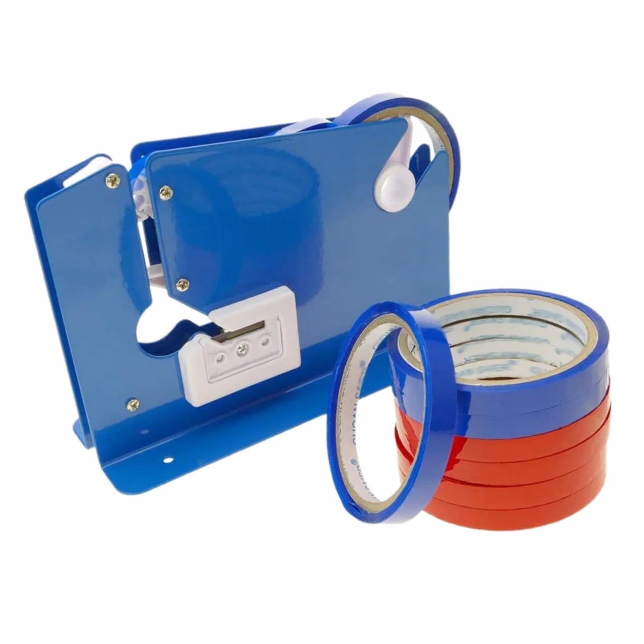 jojofuny Máquina Cortadora de Cinta Adhesiva 12 Mm 8 Rollos de Cinta Azul y Roja, Dispensador Sellador para Bolsas Plásticas, Equipo Portátil para Sellado y Embalaje Doméstico y Comercial
