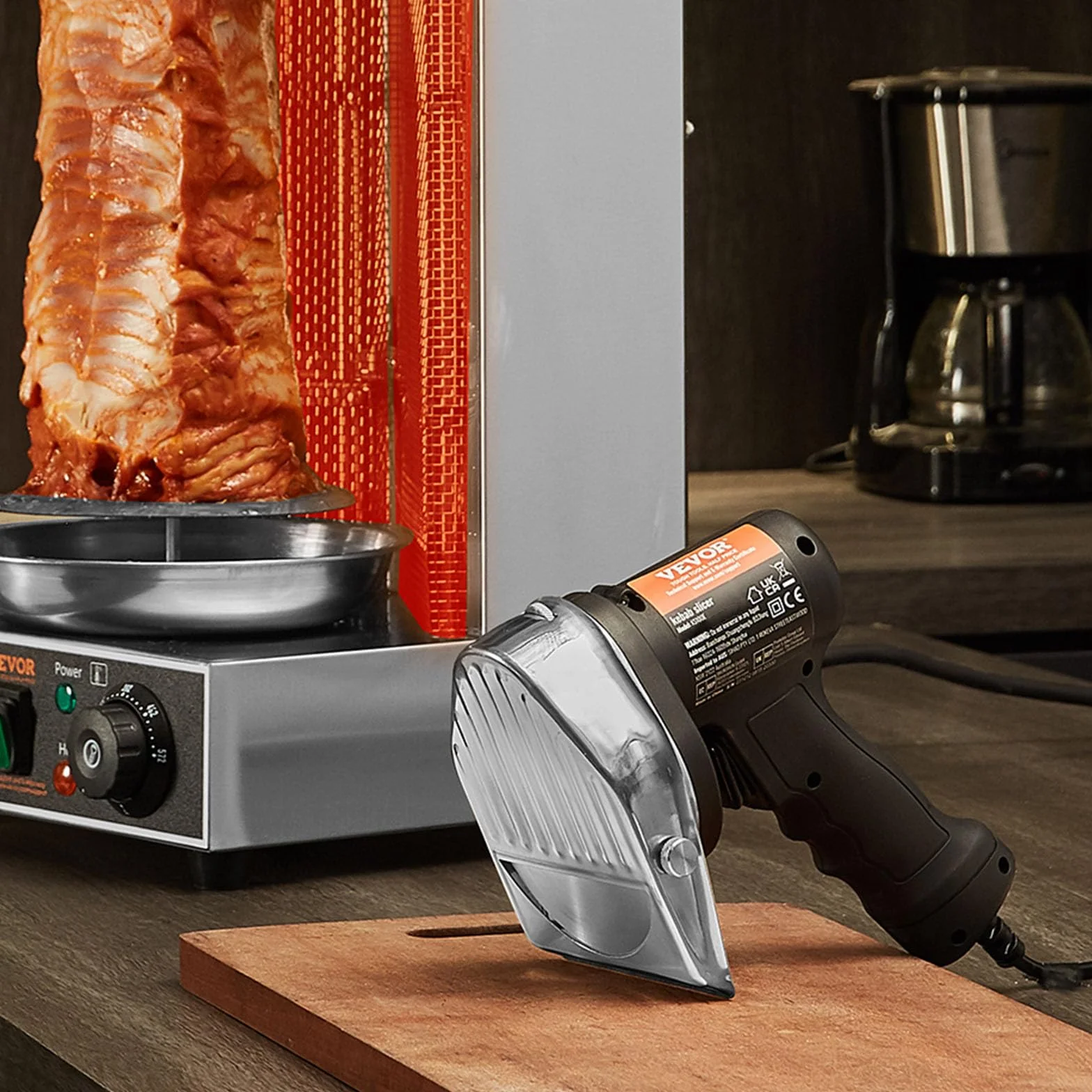 VEVOR Cuchillo Kebab Eléctrico 80 W, Shawarma Döner Kebab Cortador de Carne Turco Comercial de Acero Inoxidable, con 2 Cuchillas Diámetro 100 mm, Grosor Ajustable 0-8 mm, para Restaurante, Snack-Bar