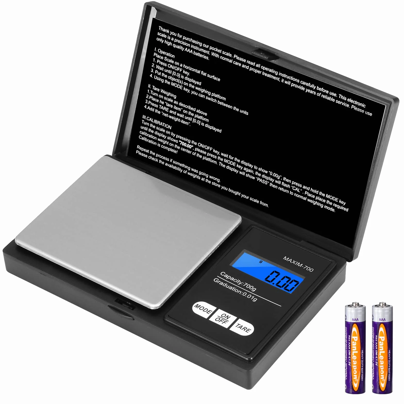 Vinabo Báscula de Alta Precisión 700g / 0.01g, Balanza de Alimentos Multifuncional, Función Tara, para Ingredientes, Cocina, Joyería, Negro