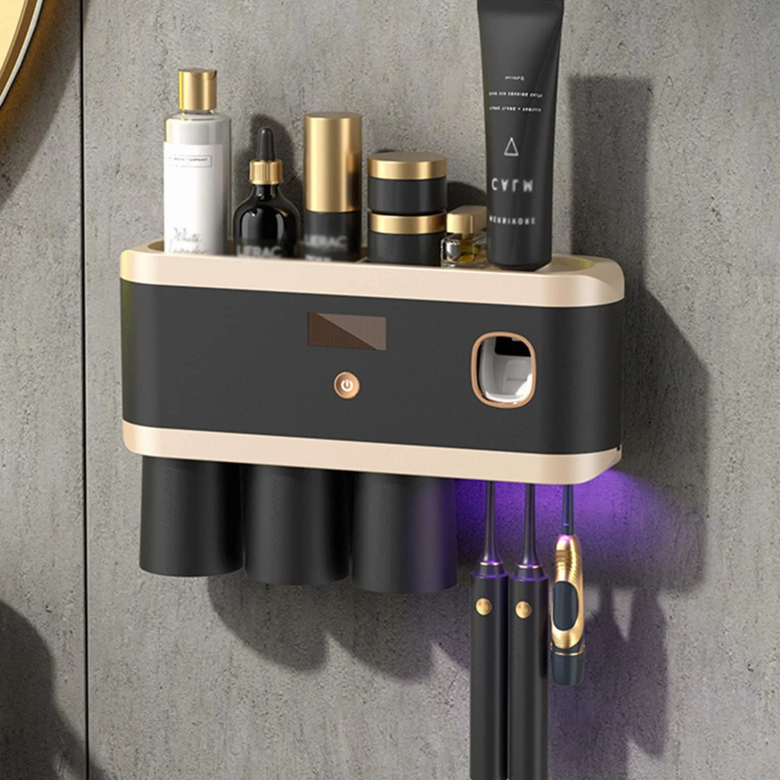 Soporte para cepillo de dientes eléctrico esterilizador UV, recargable, dispensador automático de pasta de dientes, ideal para ducha y baño, montado en la pared, negro, 4 tazas, protege y desinfecta